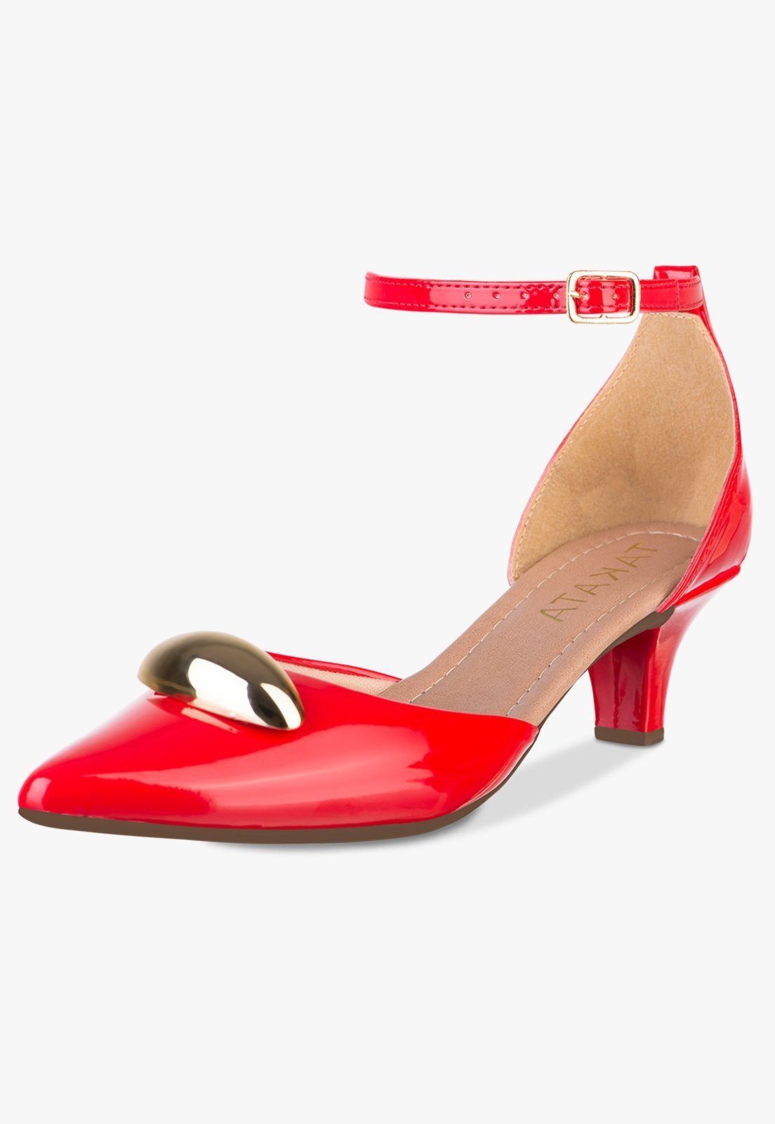 Scarpin Feminino Takata Salomé Vermelho Salto Fino Baixo Enfeite Metal Dourado