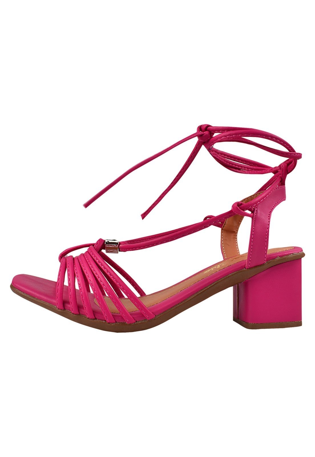 Sandália Feminina Salto Alto 7cm Bloco Amarração Bico Quadrado Amarração Rosa