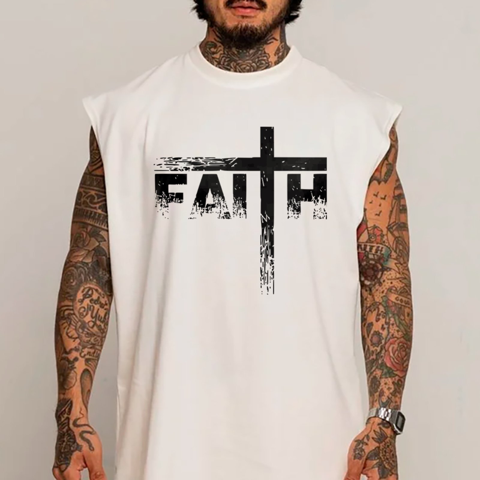 Camiseta Regata Machão Fé Cristã Cruz Faith Branco