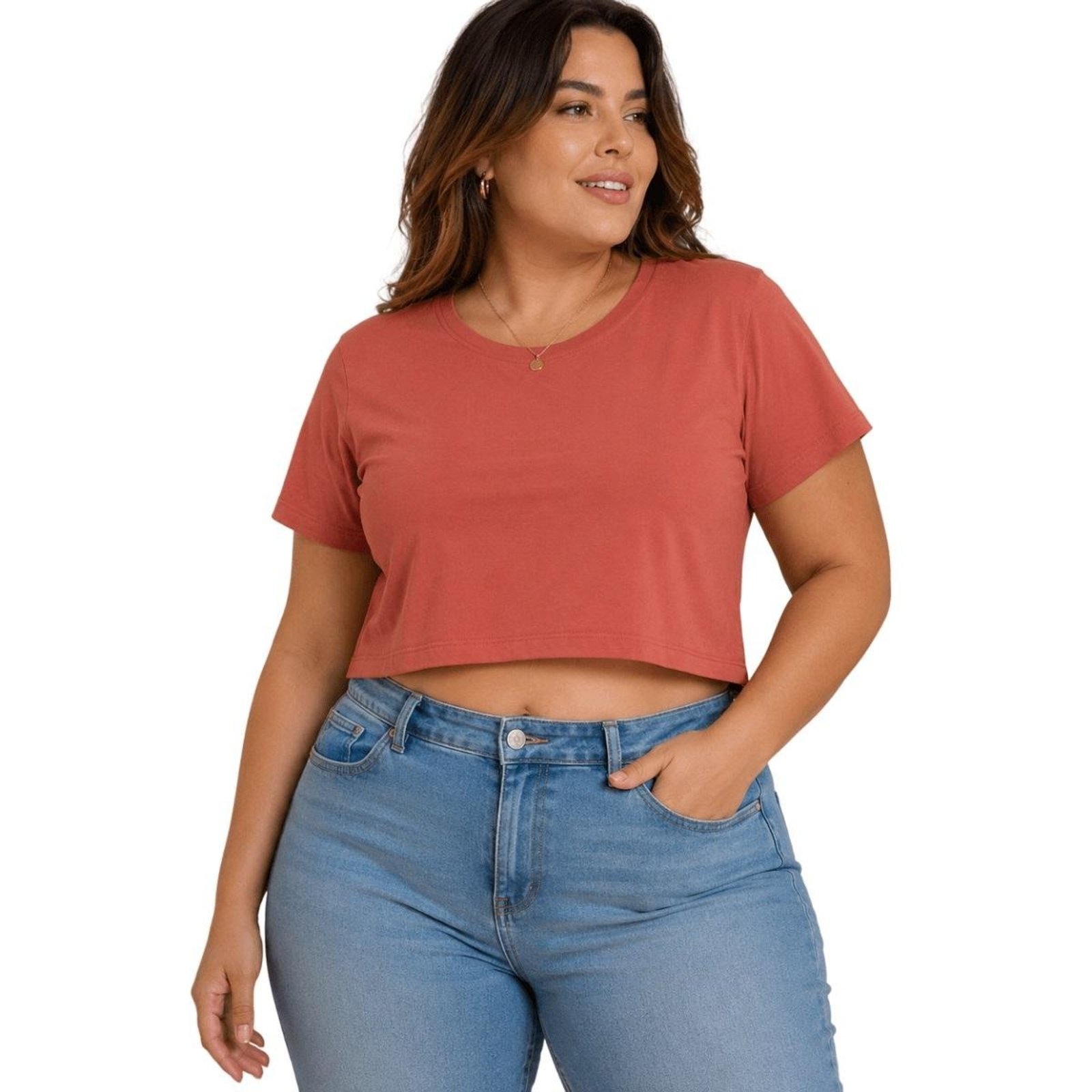 Blusa Cropped Manga Curta Plus Size Básica Feminina Lunender Mais Mulher 00644 Laranja