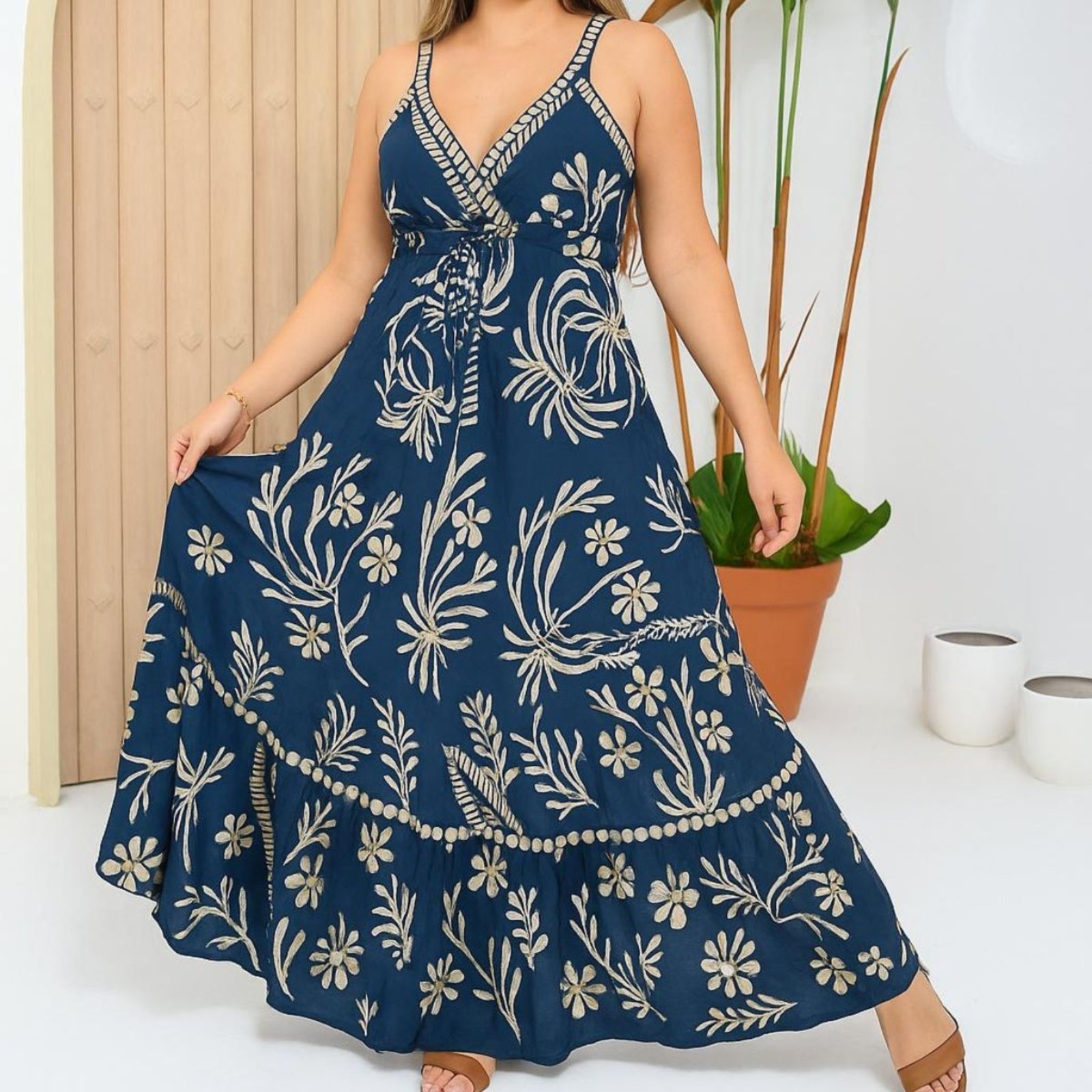 Vista 2 Vestido Feminino FMF Indiano Longo Estampado Luxo azul FMF azul