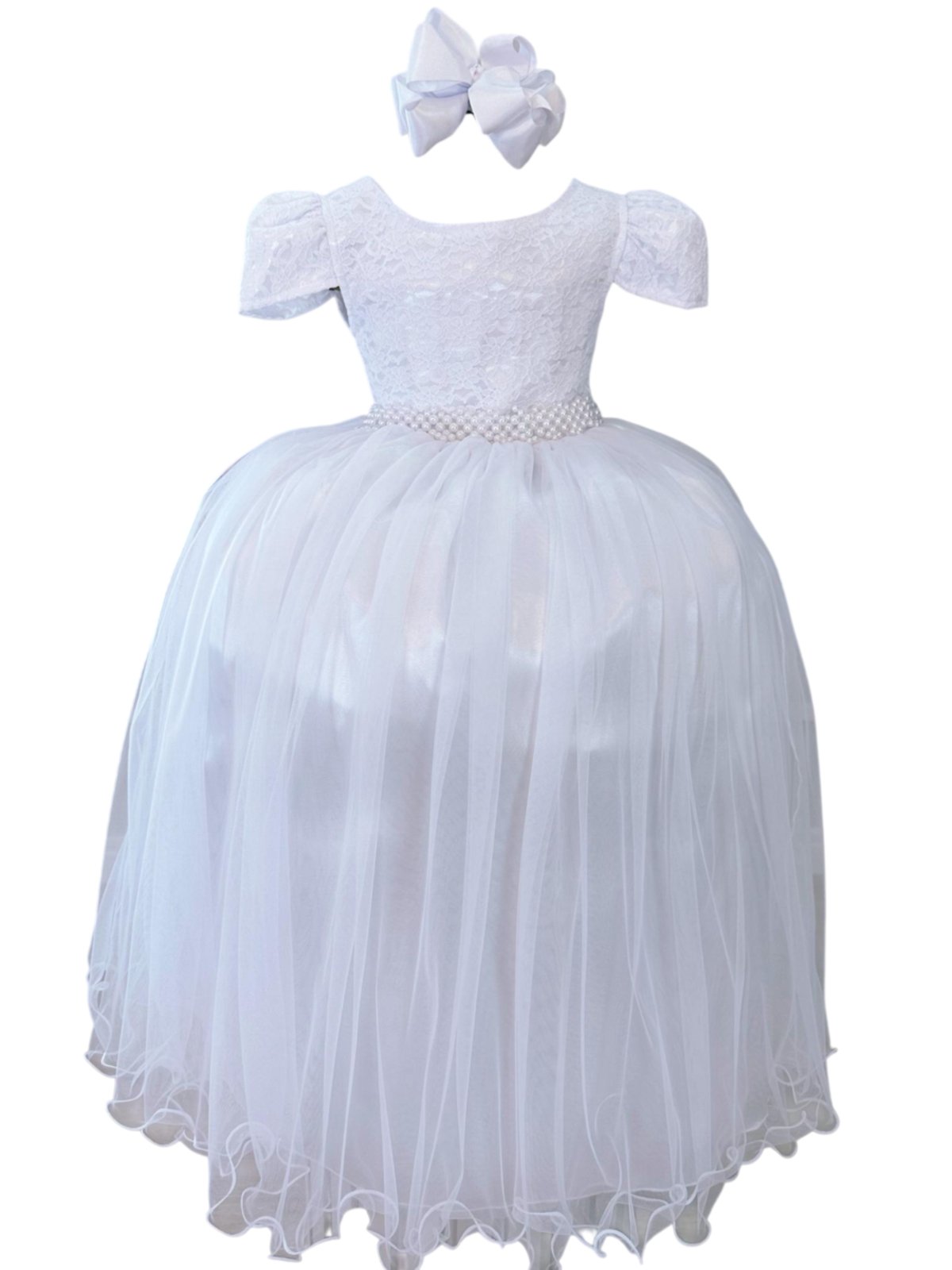 Infantil - Vestido Longo Festa Branco Formatura Casamento Dama Daminha Social Menina Juvenil Pérolas Brilho Juvenil Princesa Rodado Florista Aniversário Luxo