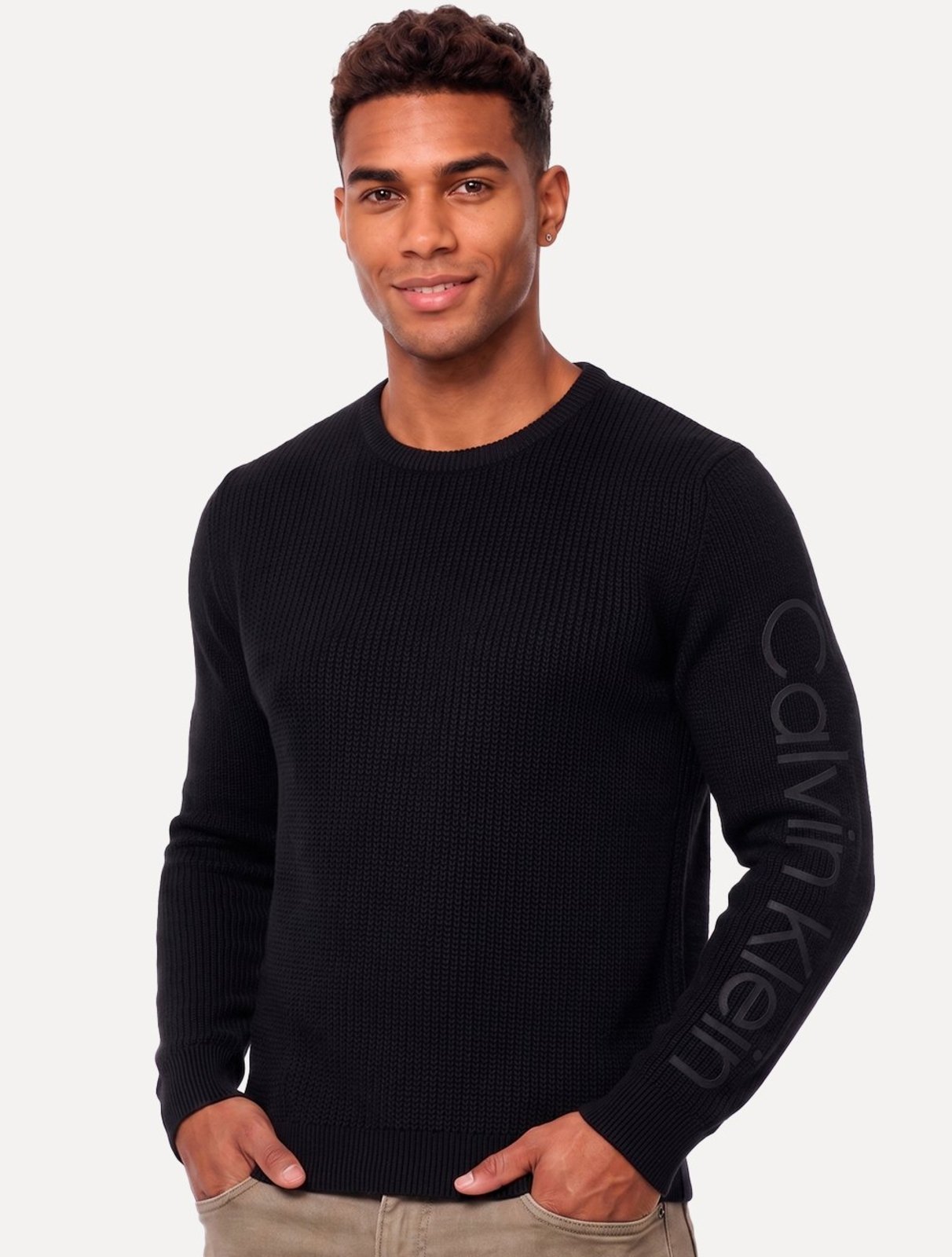 Suéter Calvin Klein Masculino Crewneck Tricot Sleeve Name Logo