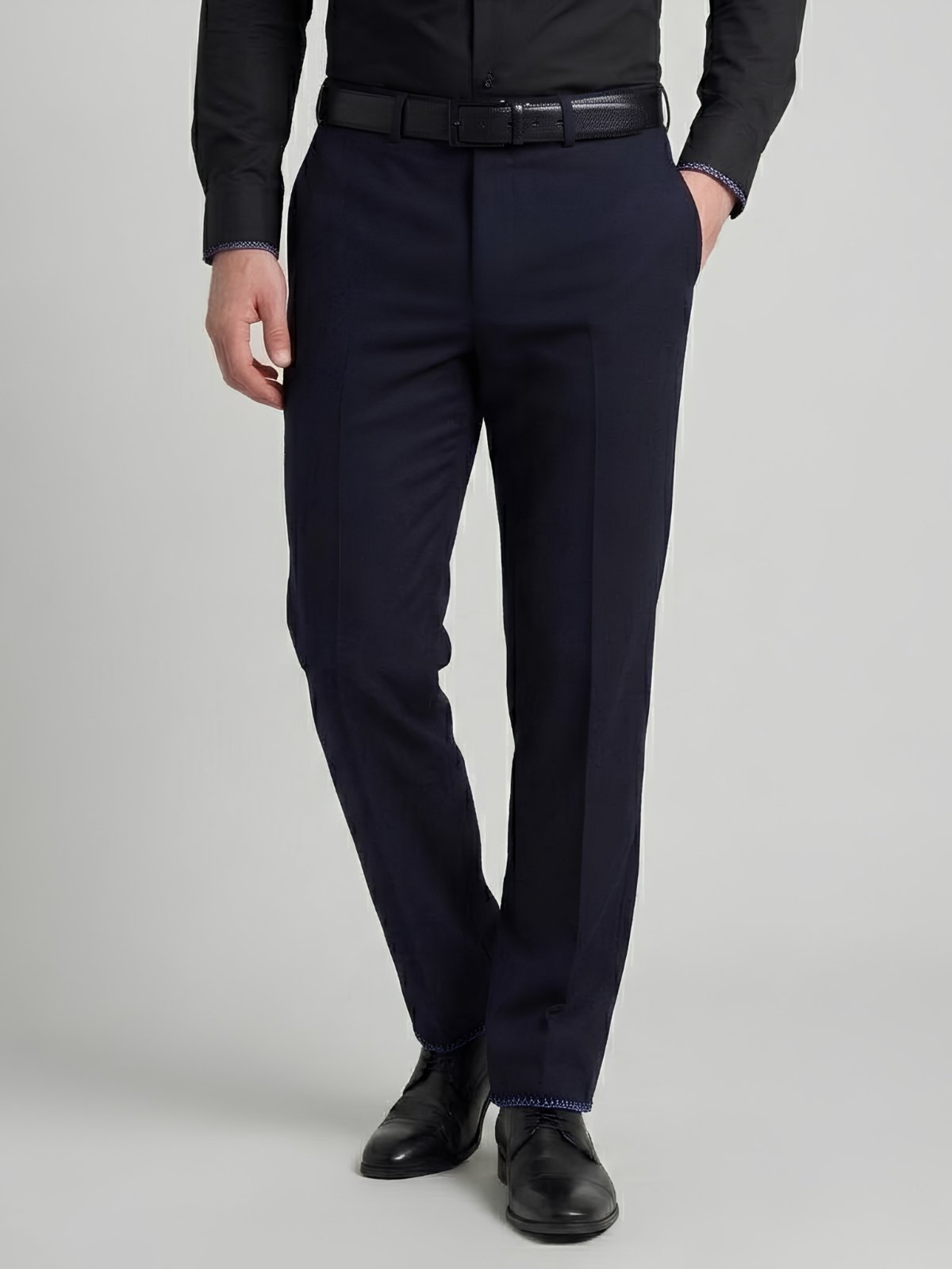 Calça Social Slim Masculina Executiva de Poliéster Com Barra em Overloque Azul Marinho