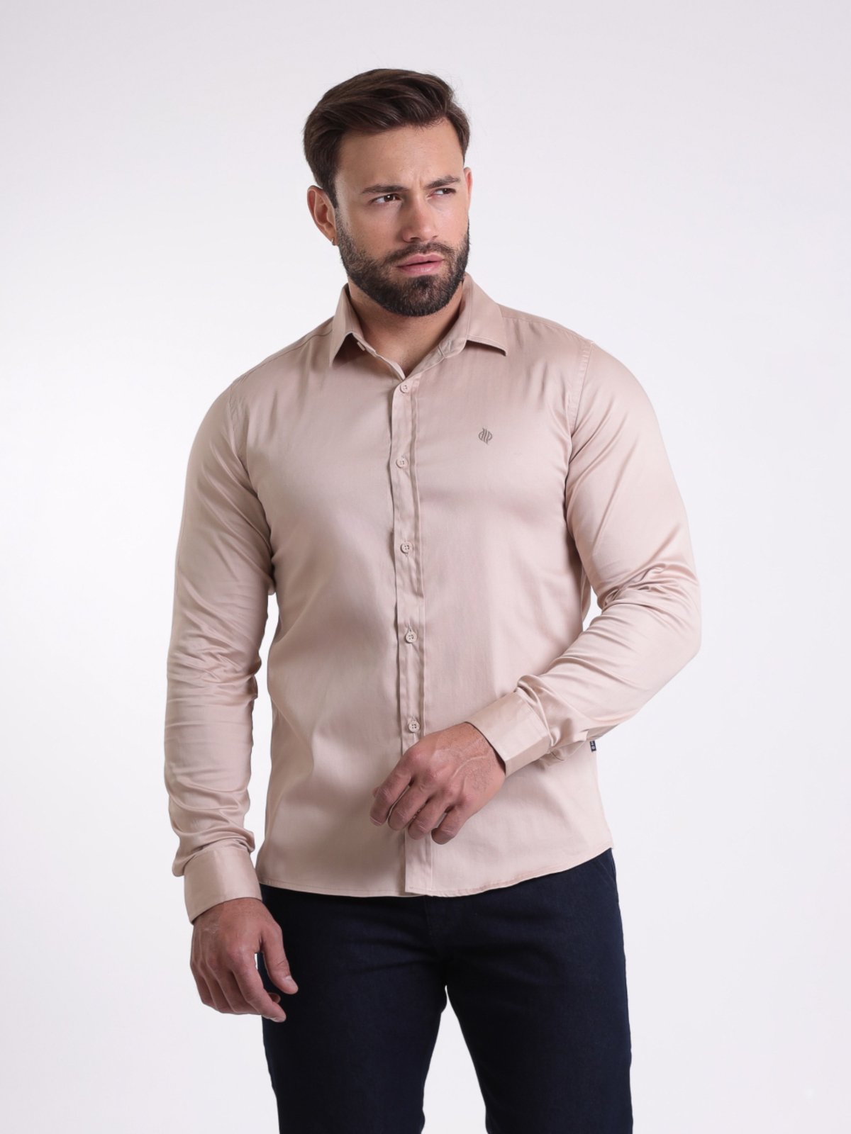 Camisa Masculino Djak Slim Algodão Acetinado Macia Manga Longa Luxo Bege