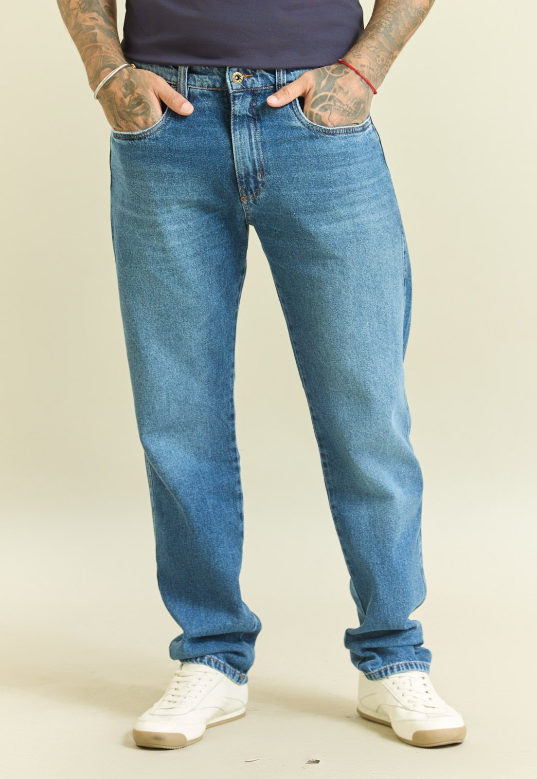 Calça Masculina Casual Perna Reta Lavagem Escura Dialogo Jeans Azul