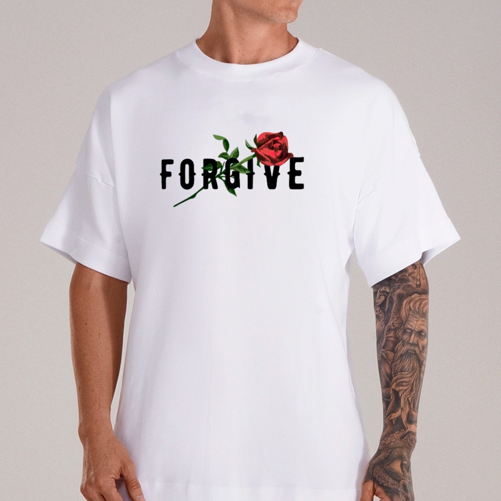 Camiseta Ousy Forgive Rosa Vermelha Oversized Unissex Branco