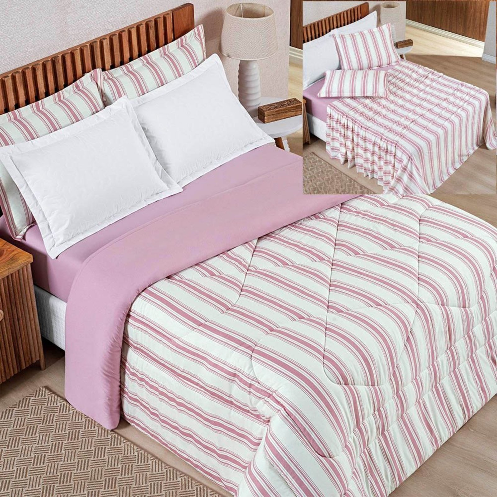 Coordenado Edredom com Lençol Estilo King 5 Peças - Rosa - 100% Algodão