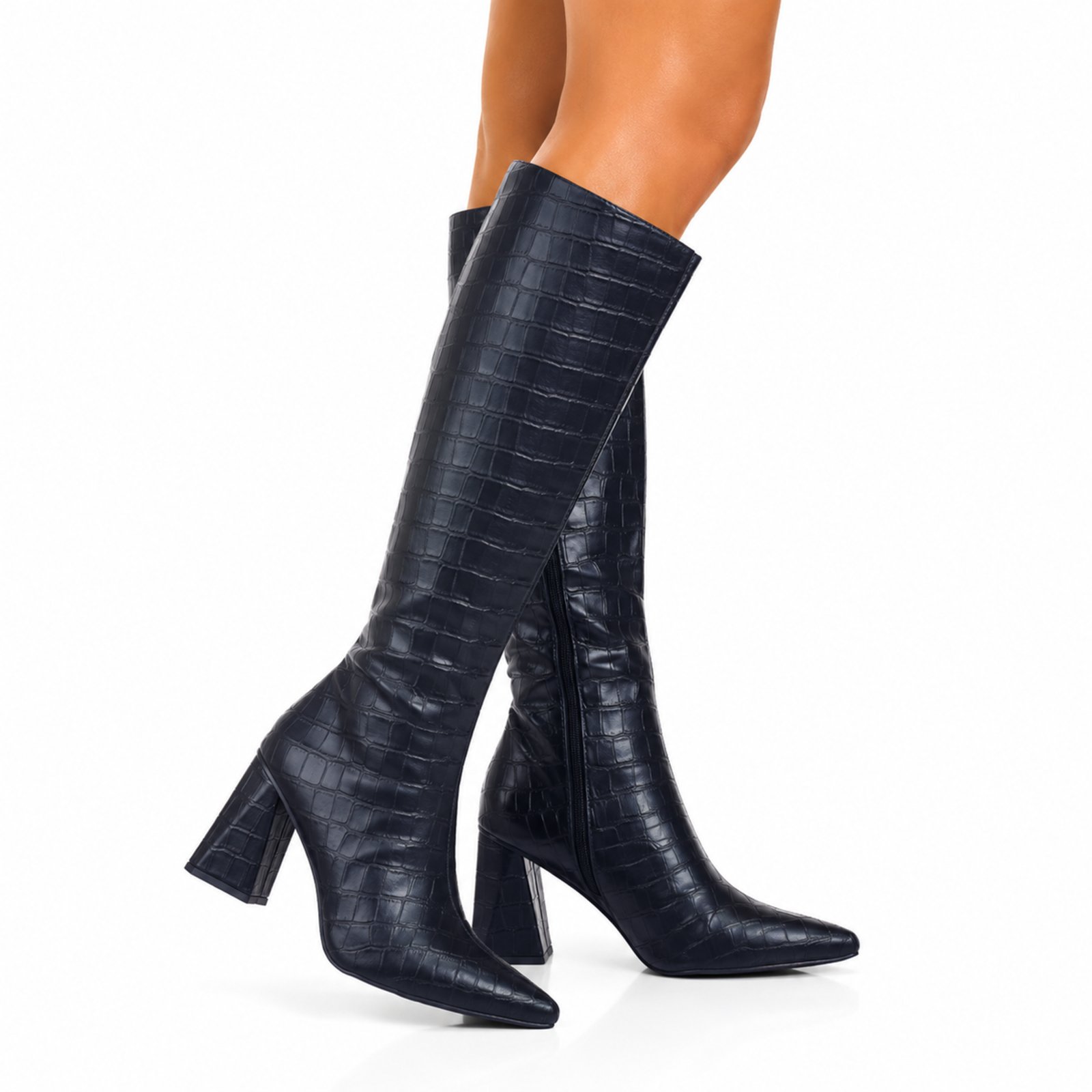 Bota Feminina Cano Longo Salto Triângulo 23020 Croco Preto