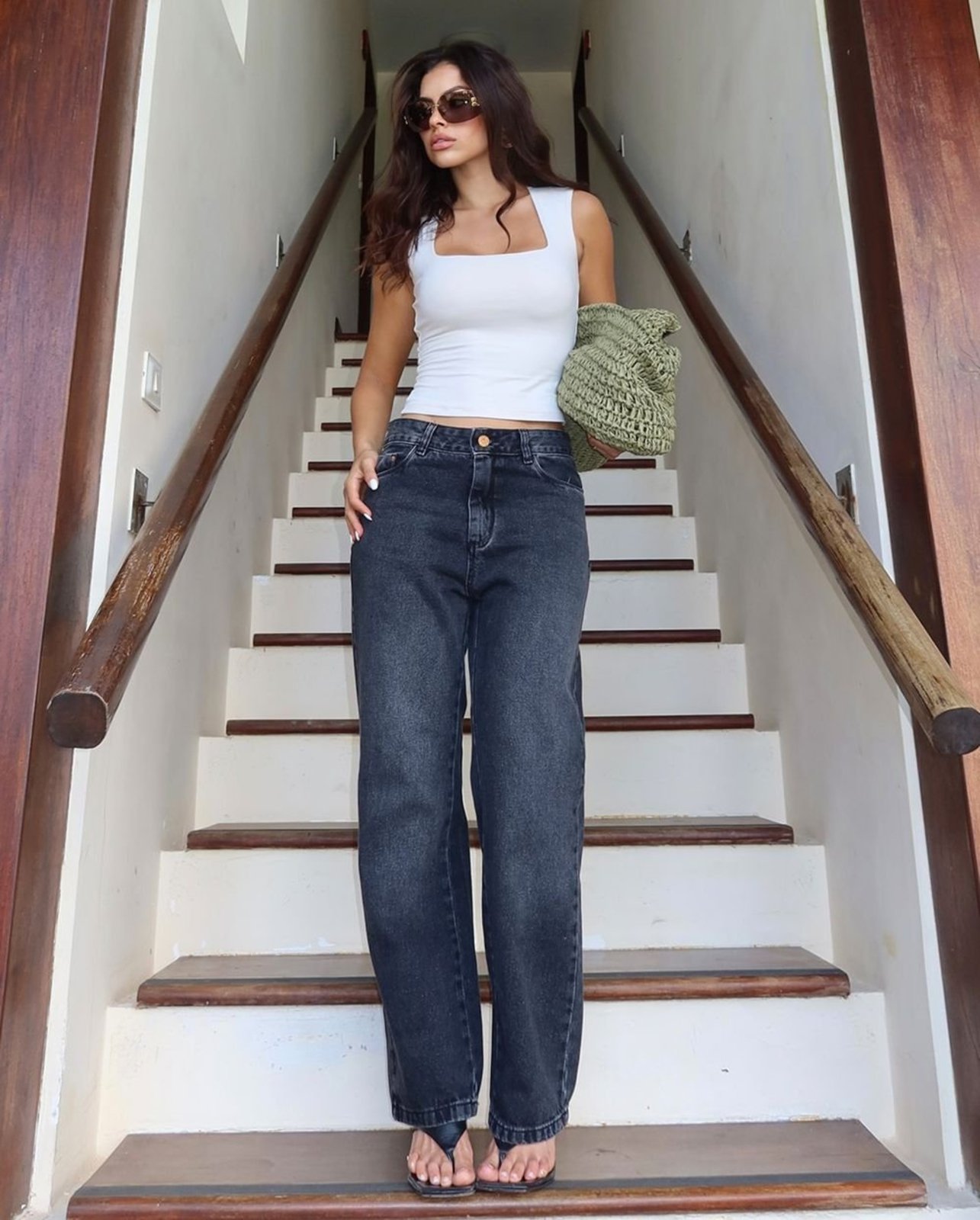 Vista 2 Calça Jeans Straight Fit Feminina Cintura Alta 02930 Vintage Consciência cinza Consciência cinza