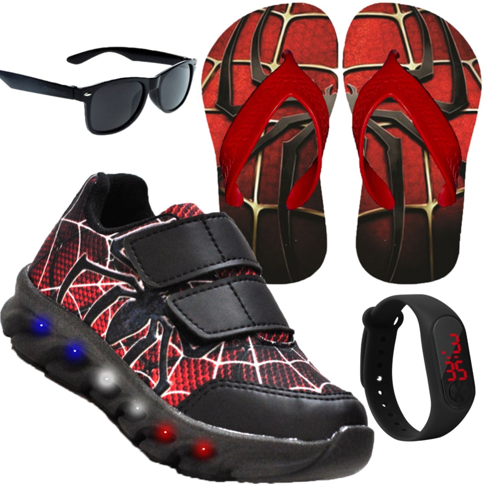 Infantil – Tenis Masculino de Led Aranha Calce Facil Original + Chinelo + Brindes