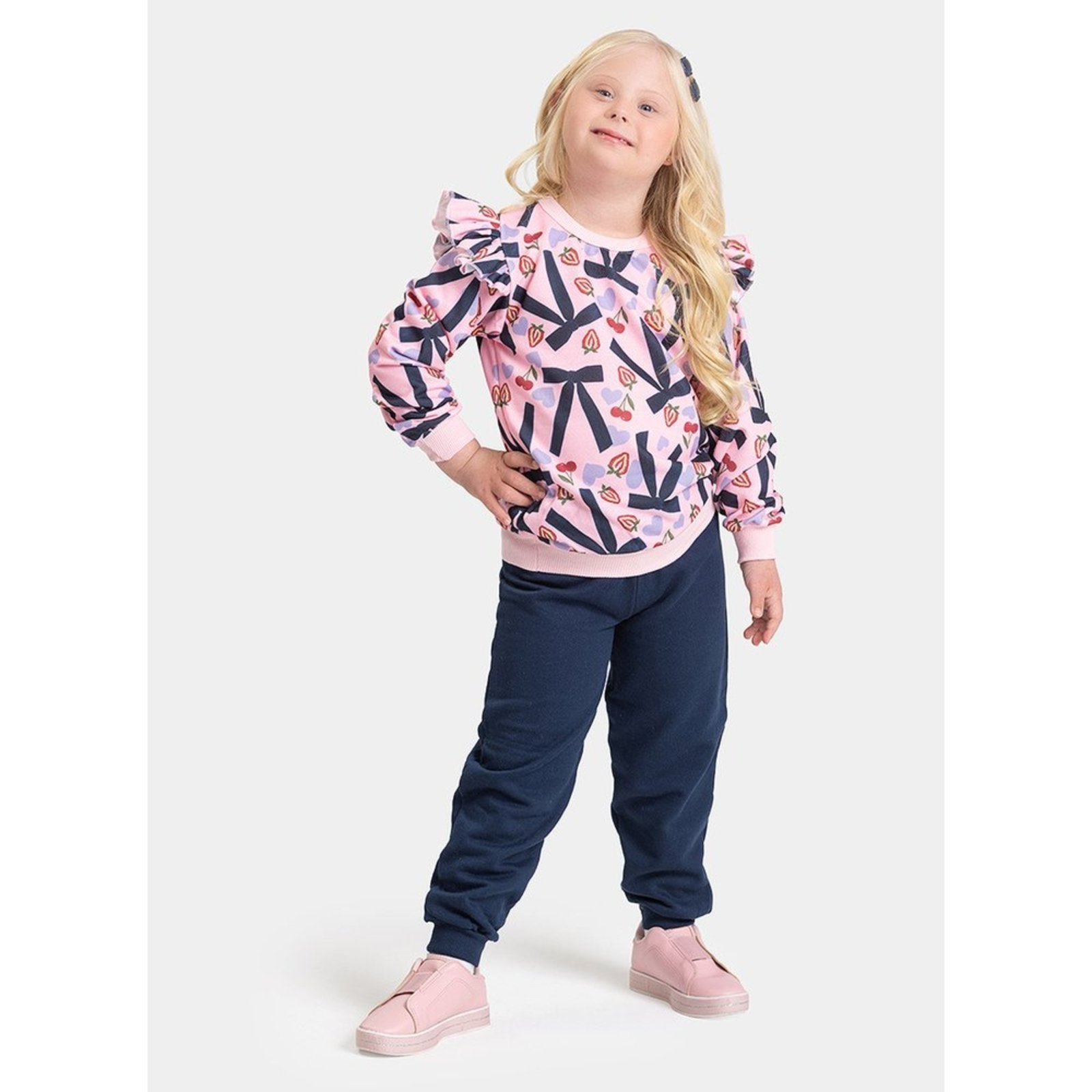 Infantil - Conjunto Inverno Menina Rosa Blusão com Babado e Calça em Moletom Laços