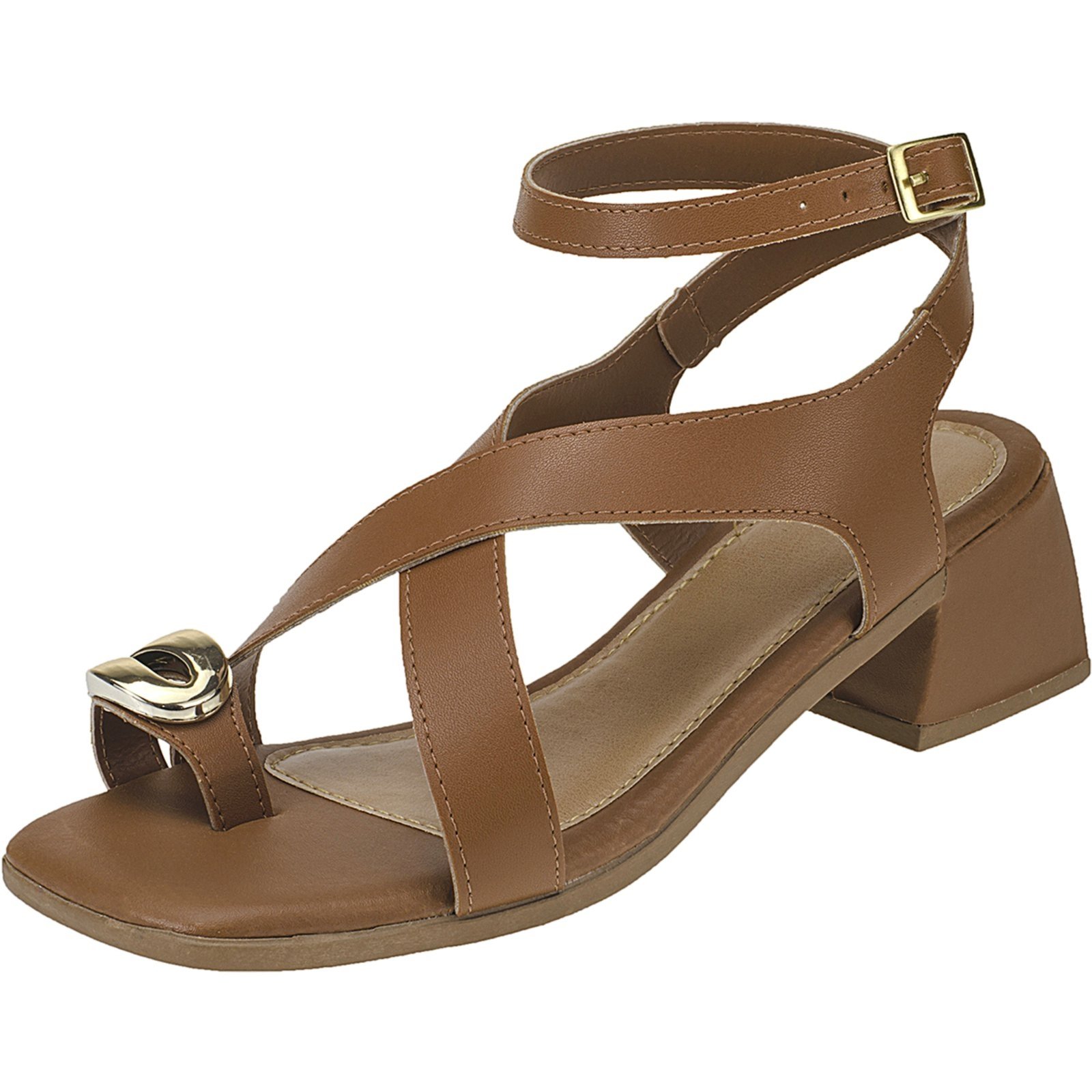Sandália Feminina com Salto Quadrado Detalhe Dourado Caramelo