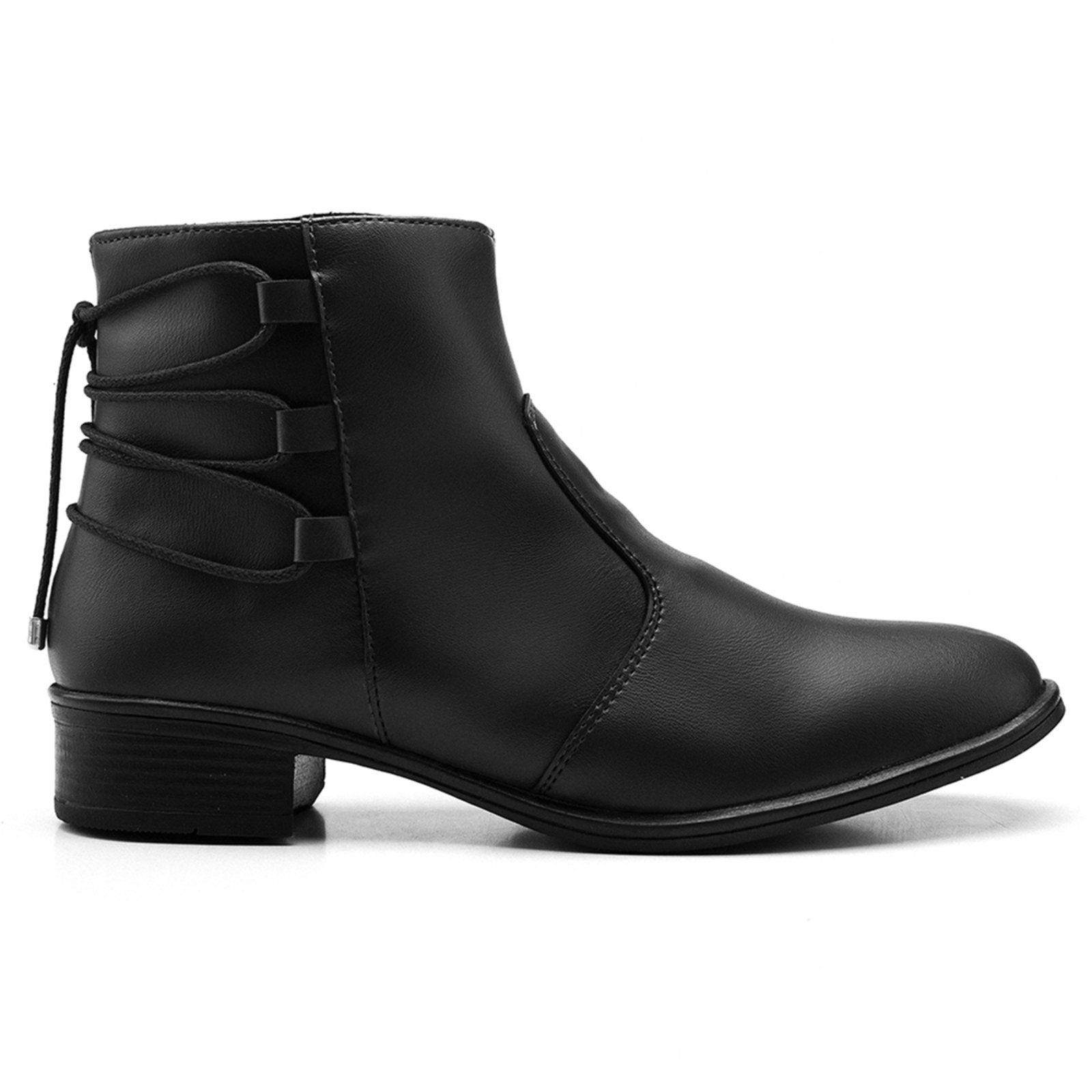 Bota Bico Fino Coturno Feminino Cano Curto Detalhe Tiras Preta