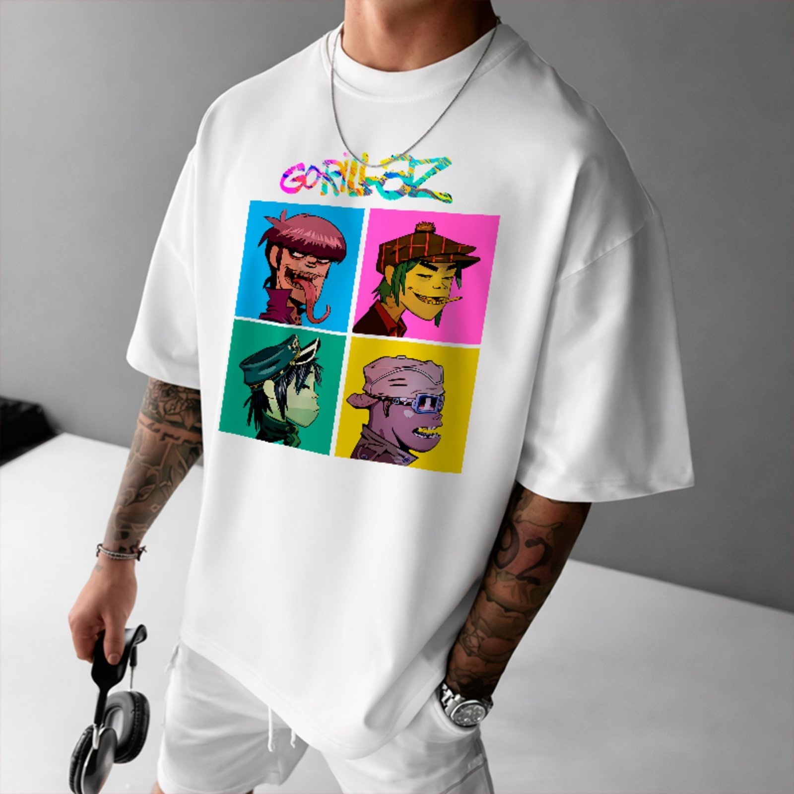 Camiseta Oversized Premium Gorillaz Band Cartoon Streetwear Unissex Branco