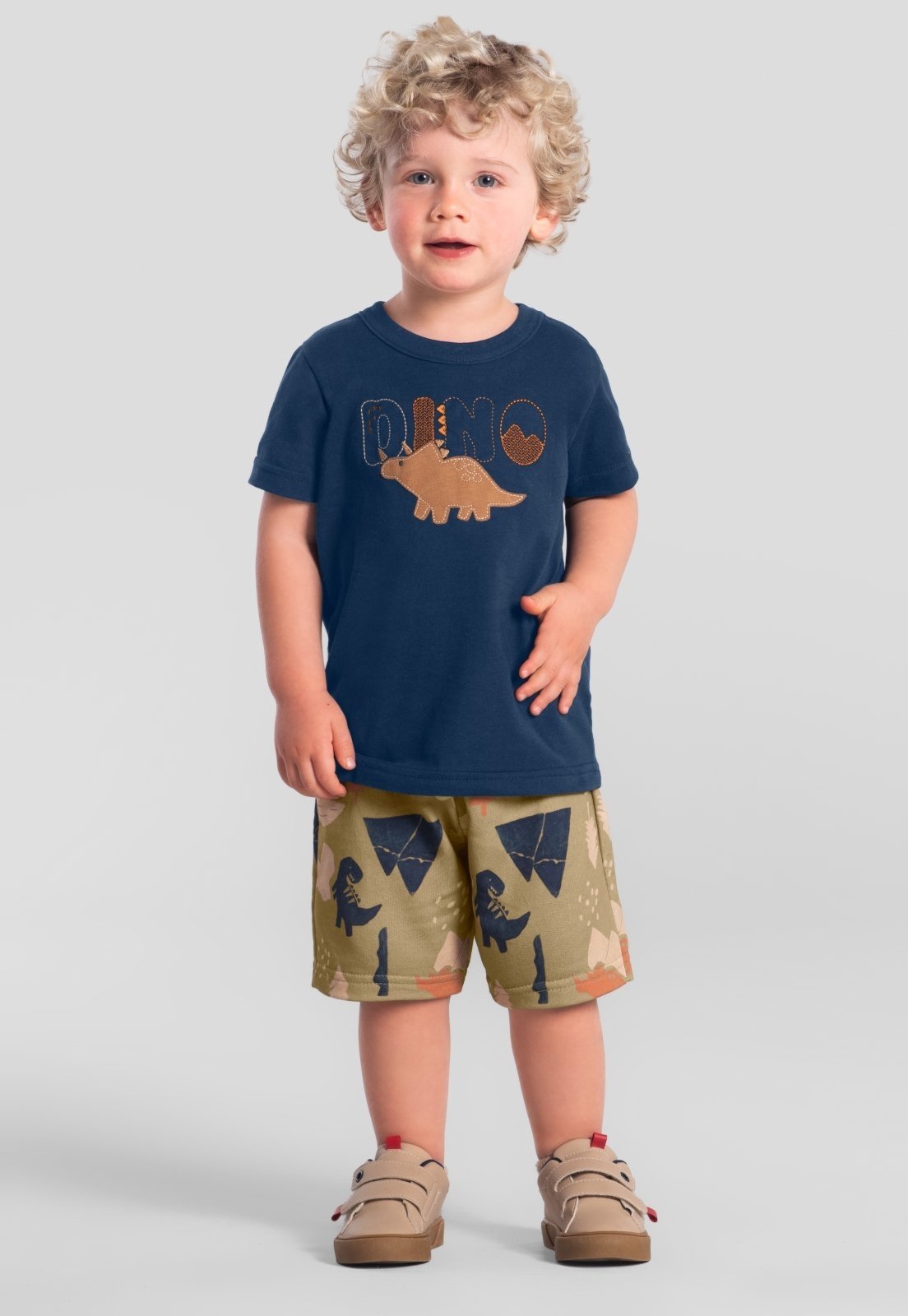 Vista 2 Infantil - Conjunto menino com bordado de dinossauro Brandili azul Brandili azul