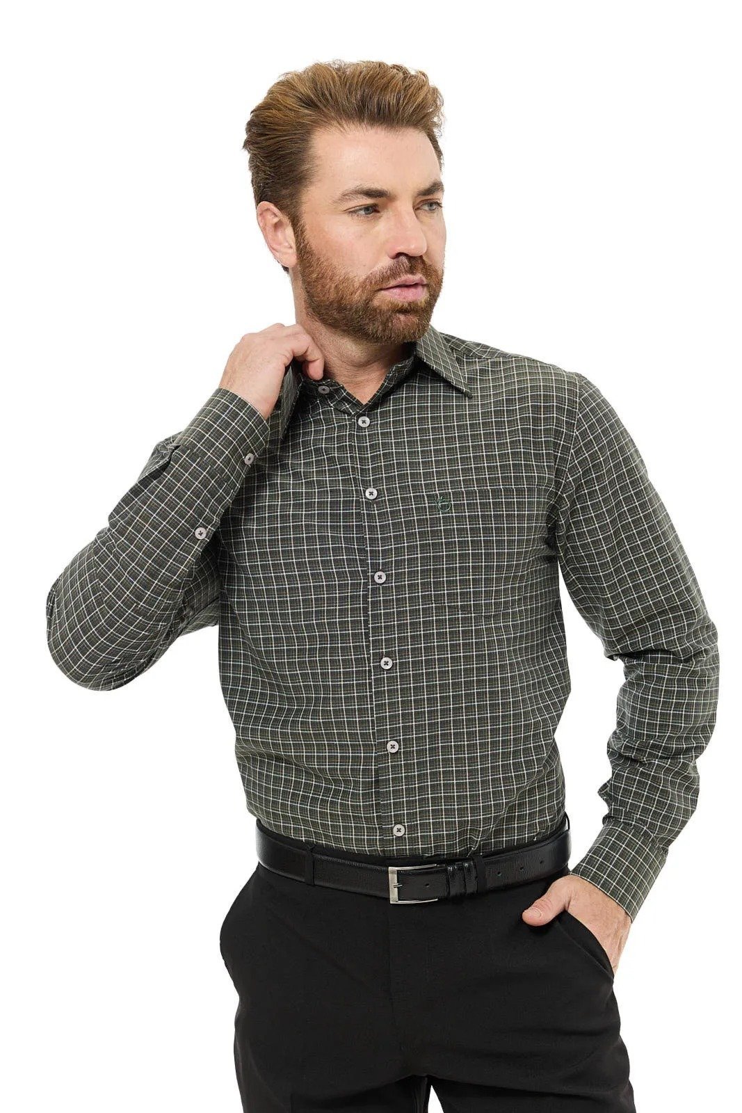 Camisa Social Masculina Olimpo Clássica com Bolso Xadrez Verde