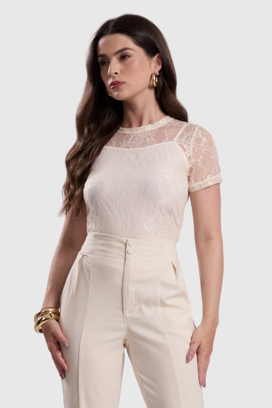 Blusa Feminina Amora Café com Regata Renda Off White