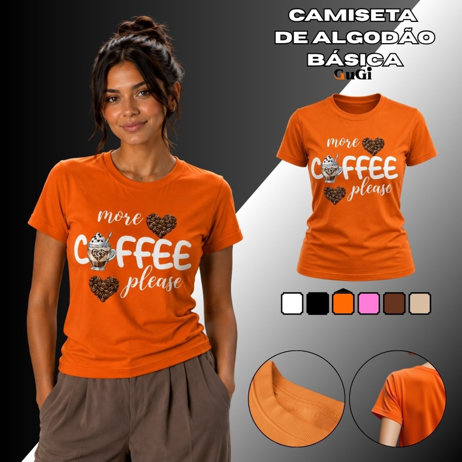 Camiseta Feminina Coffee Please Café 100% Algodão Laranja