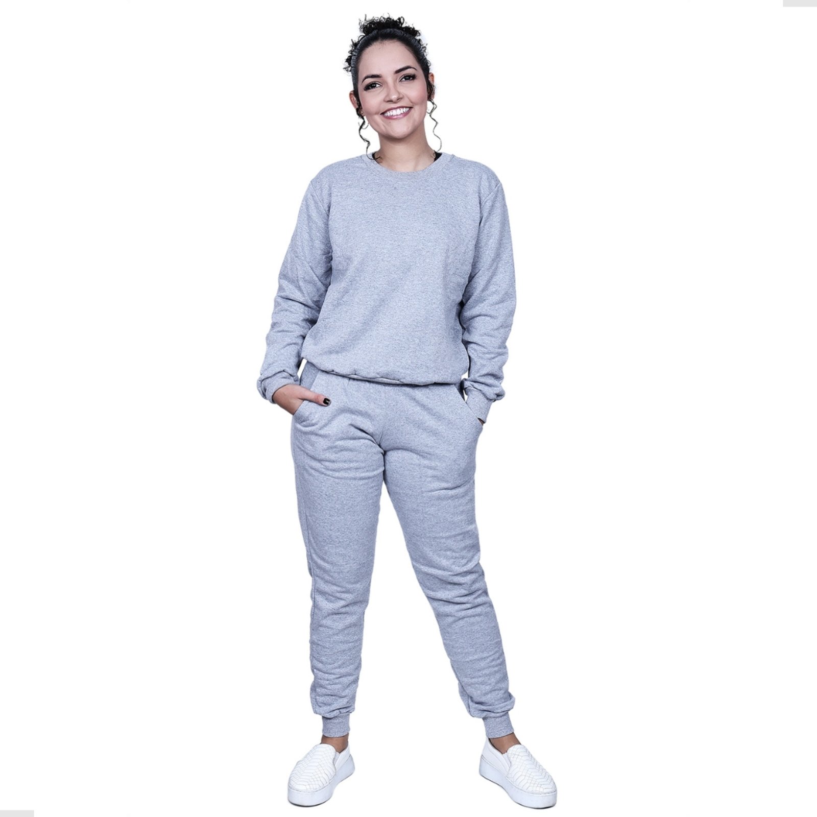 Conjunto Moletom Feminino Techmalhas Blusa Careca e Calça Cinza