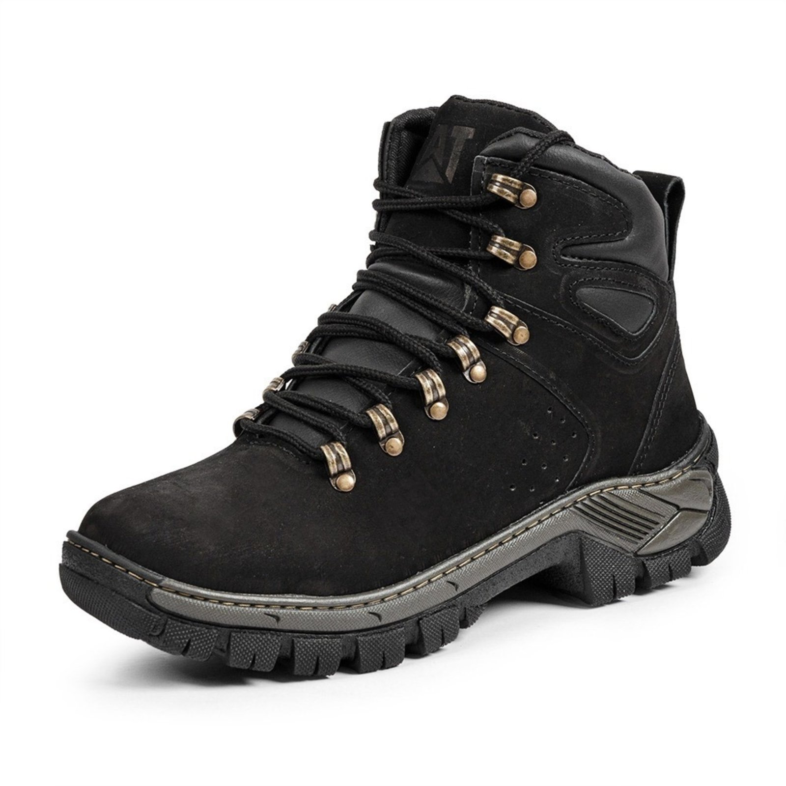 Coturno Adventure Bota Couro Masculina Cano Médio Atacador Solado Tratorado Borracha Puxador Resistente Confortável Preto