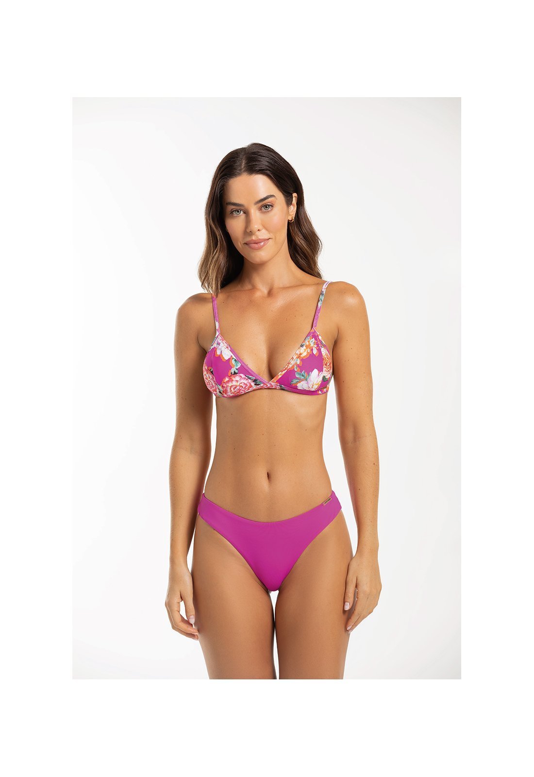 Conjunto Biquíni Cortininha Fixo com Calcinha Fio Duplo Rosas Pink Power