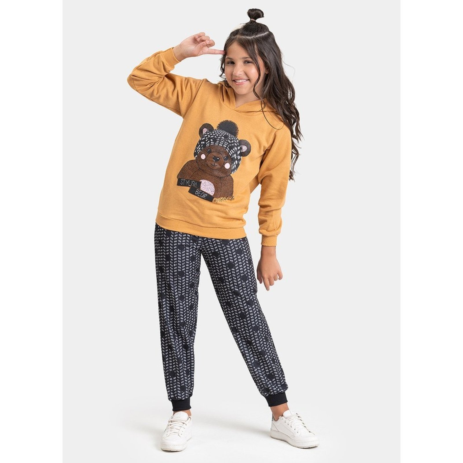 Infantil - Conjunto Inverno Menina Marrom Blusão com Capuz e Calça em Moletom Ursinho de Gorro