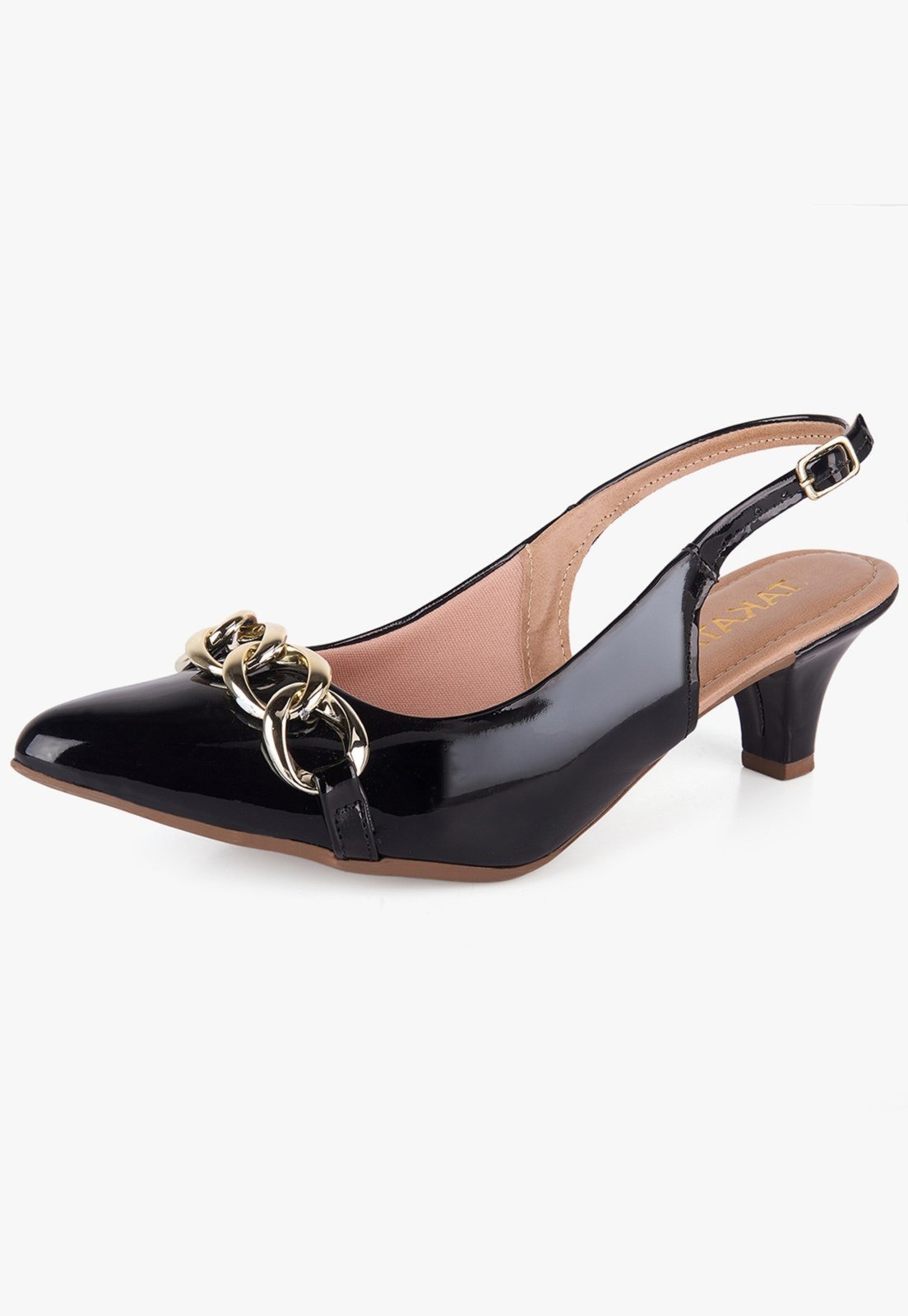 Scarpin Feminina Slingback Takata Salto Baixo Bloco Grosso Corrente Metal Preto