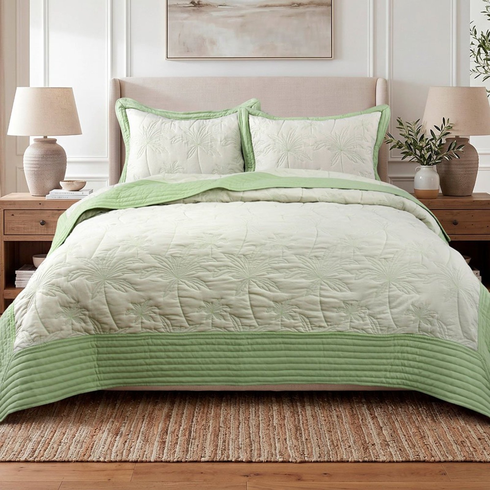 Kit Cobre Leito Egeu King Percal 300 Fios Colcha Matelassê Alto Relevo 3 Peças Verde