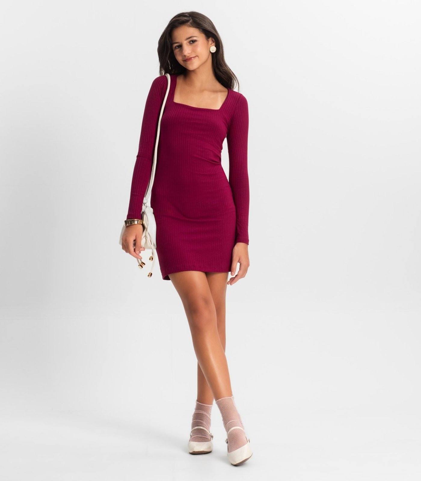 Infantil - Vestido Juvenil Manga Longa Em Ribana Minty Vermelho