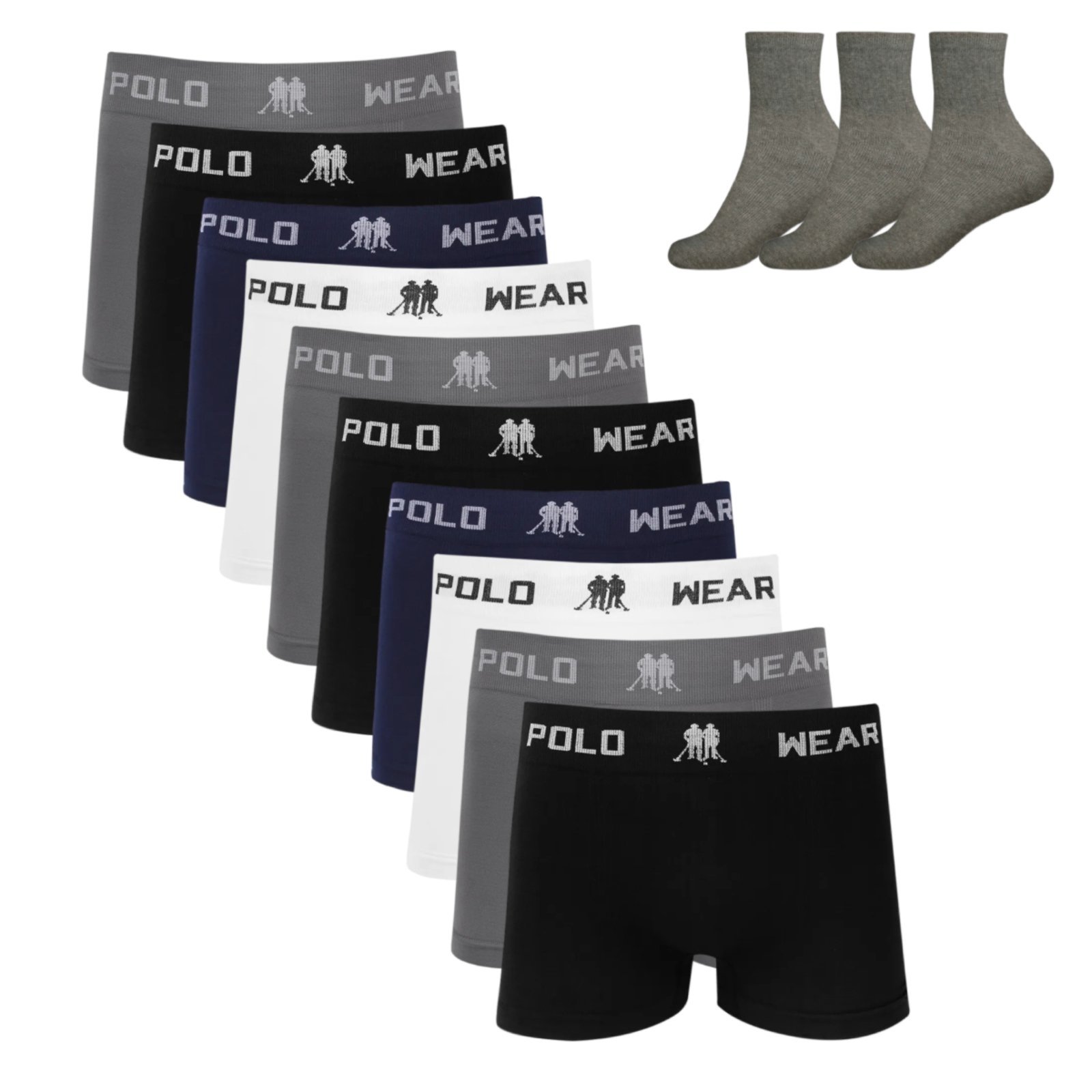 Kit 10 Cueca Boxer Polo Wear Microfibra Sortido 3 Meias M12 Colorido
