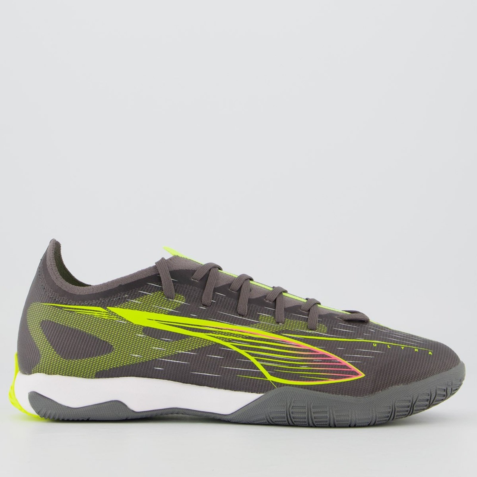 Chuteira Puma Ultra 5 Match IT Futsal Cinza Escuro e Verde Limão