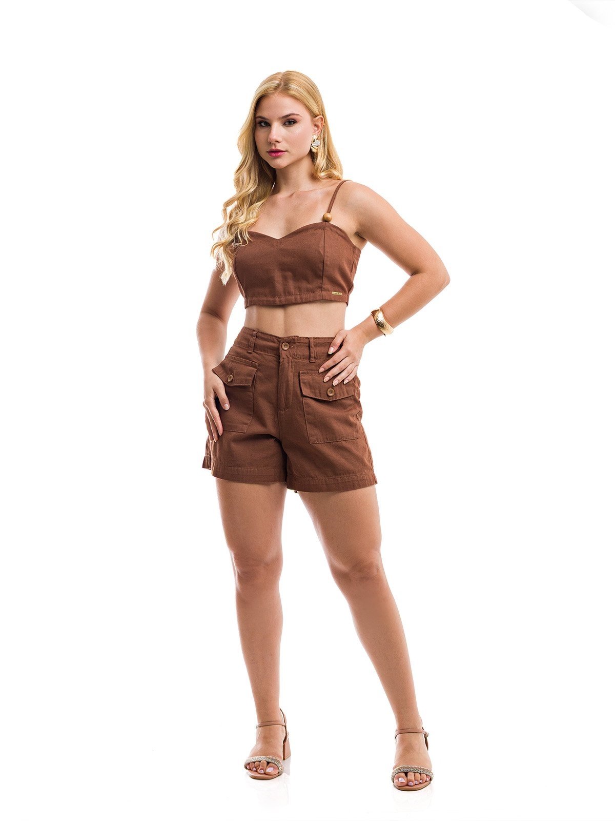 Conjunto Short e Cropped 2 em 1 de Linho Premium com Zíper - Marrom