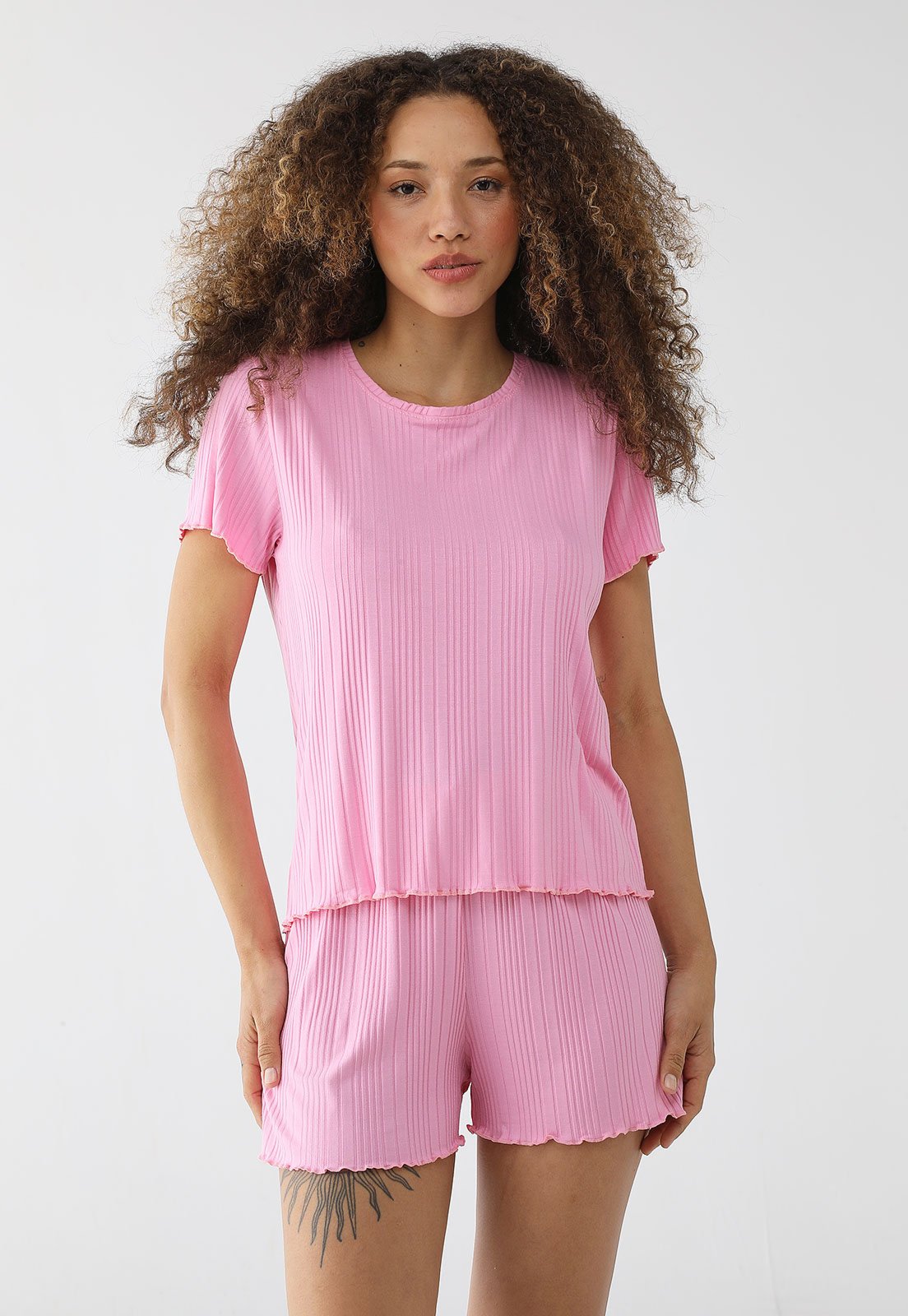 Pijama Curto Feminino Malwee Canelado Rosa