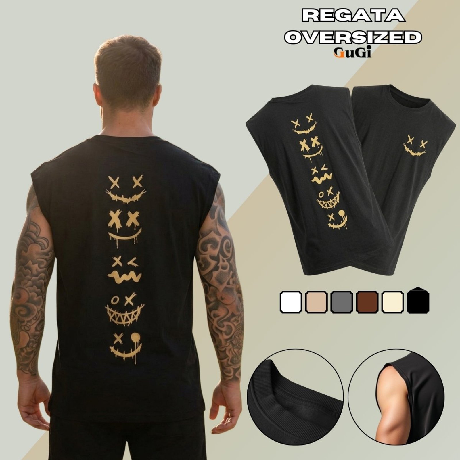 Camiseta Regata Masculina Oversized Estampada Sorriso Street X 100% Algodão 30.1 Preto