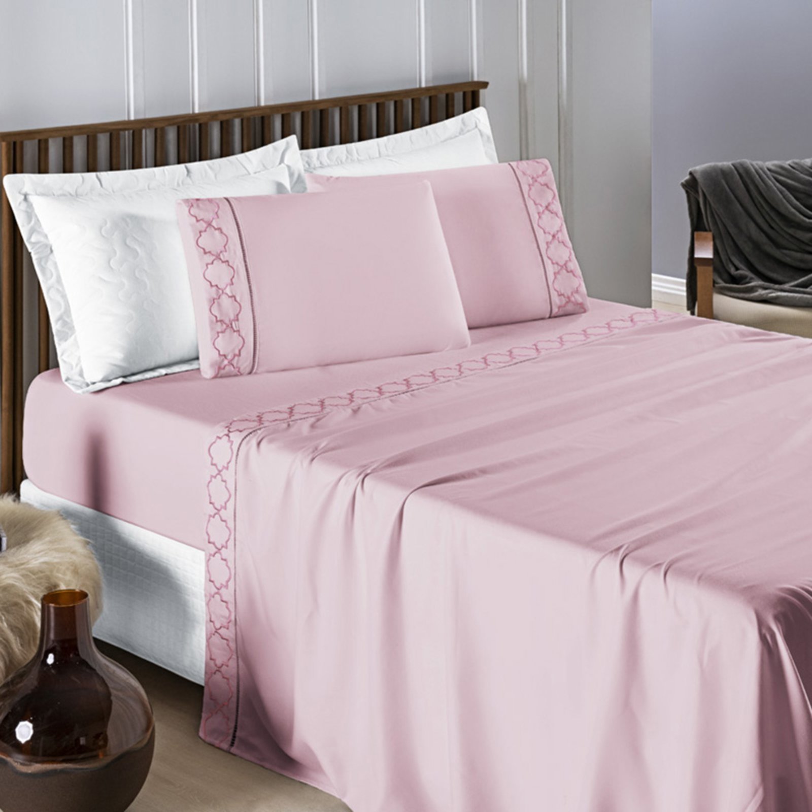 Jogo de Lençol Bordado Titanium King 4 Peças Barato - Rosa - 100% Poliéster