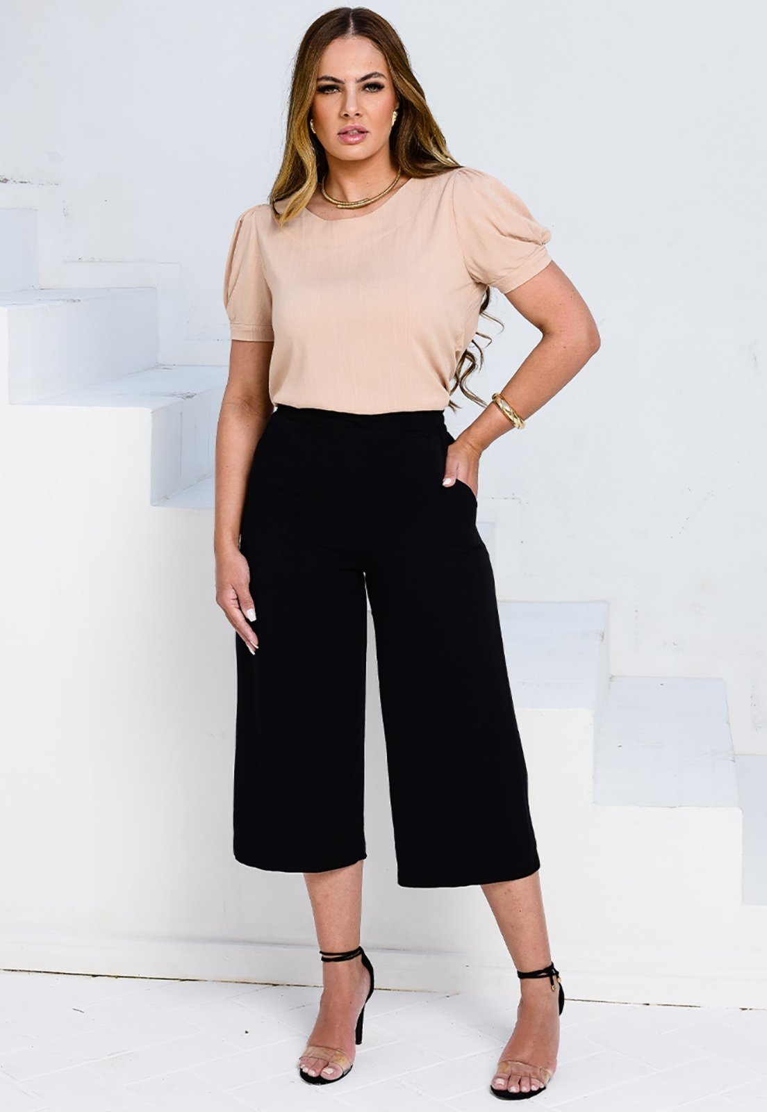 Calça Pantacourt Viscose Cós de Elástico B’Bonnie Cora Preta Preto