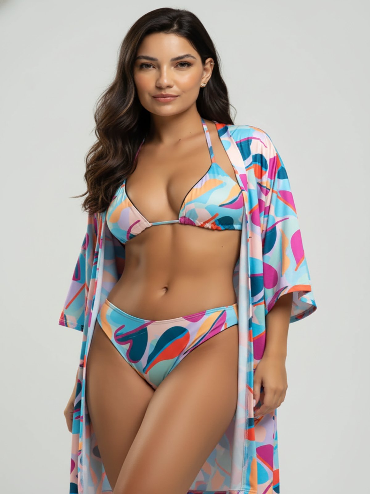 Combo Vicbela Biquini Cortininha Calcinha Comum Estampado + Saida de Praia Kimono Curto Manga Longa Proteção UV Moda Praia Feminina Verão
