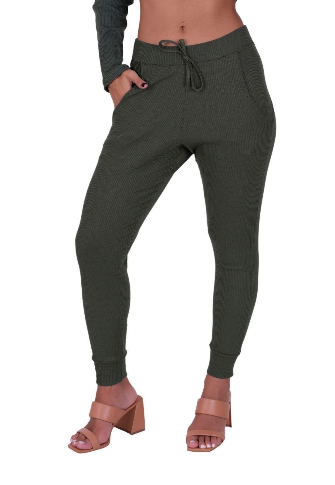 Calça Jogger Canelada Inverno Feminina Comfy Vera Verde