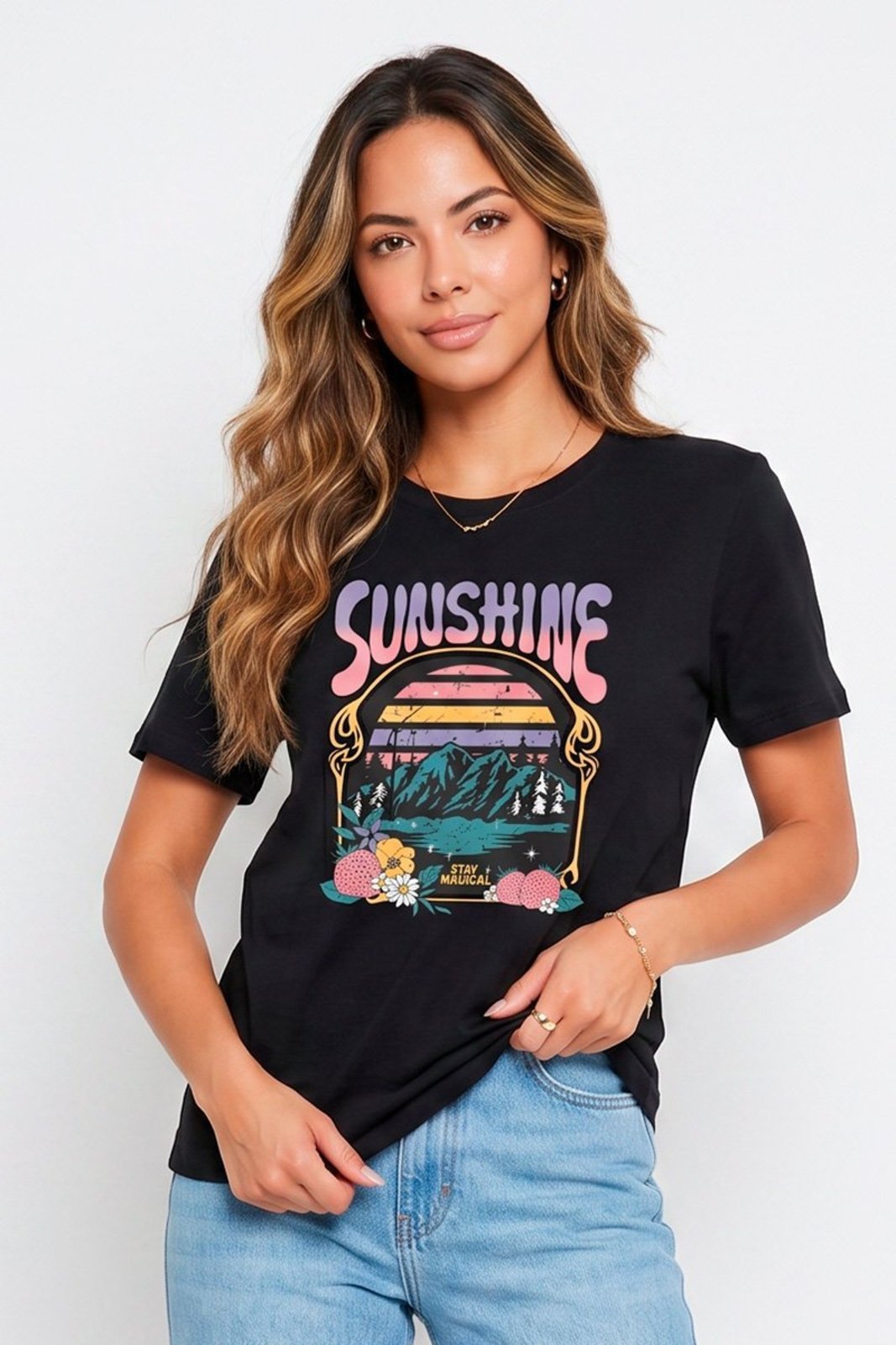 T-shirt Feminina Cianitas Preta Estampa Sunshine