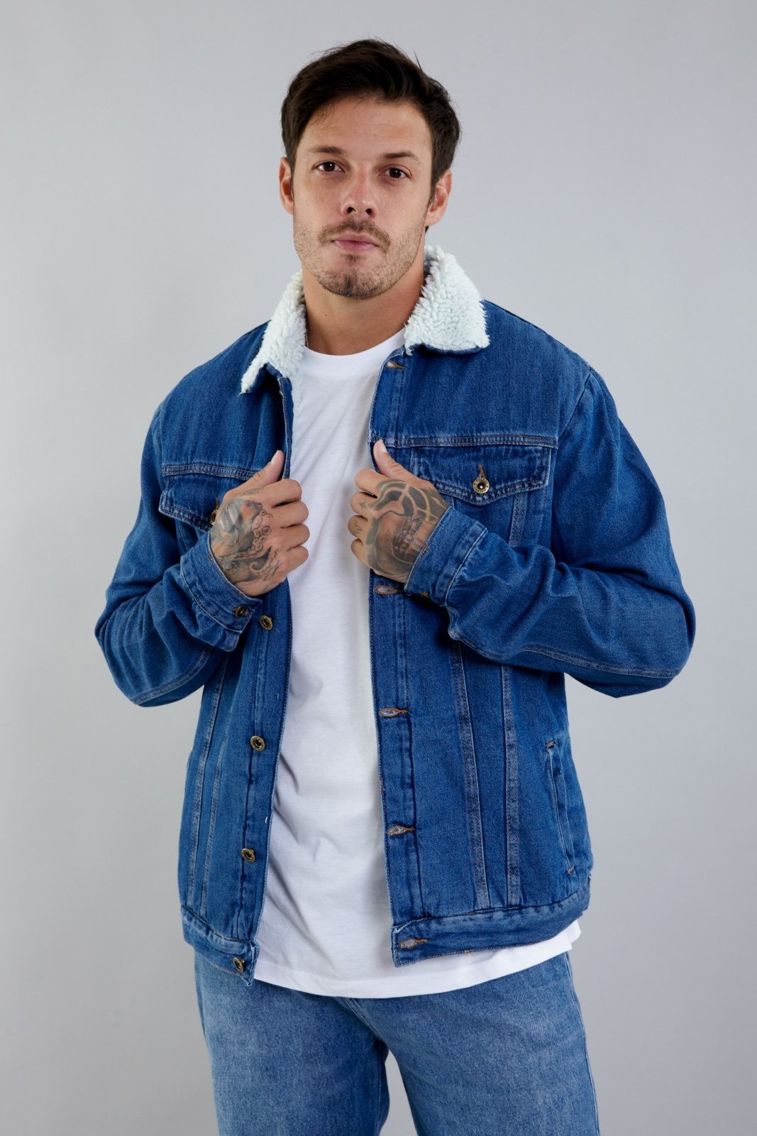 Jaqueta Jeans Trucker com Forro em Sherpa Dialogo Jeans Masculino