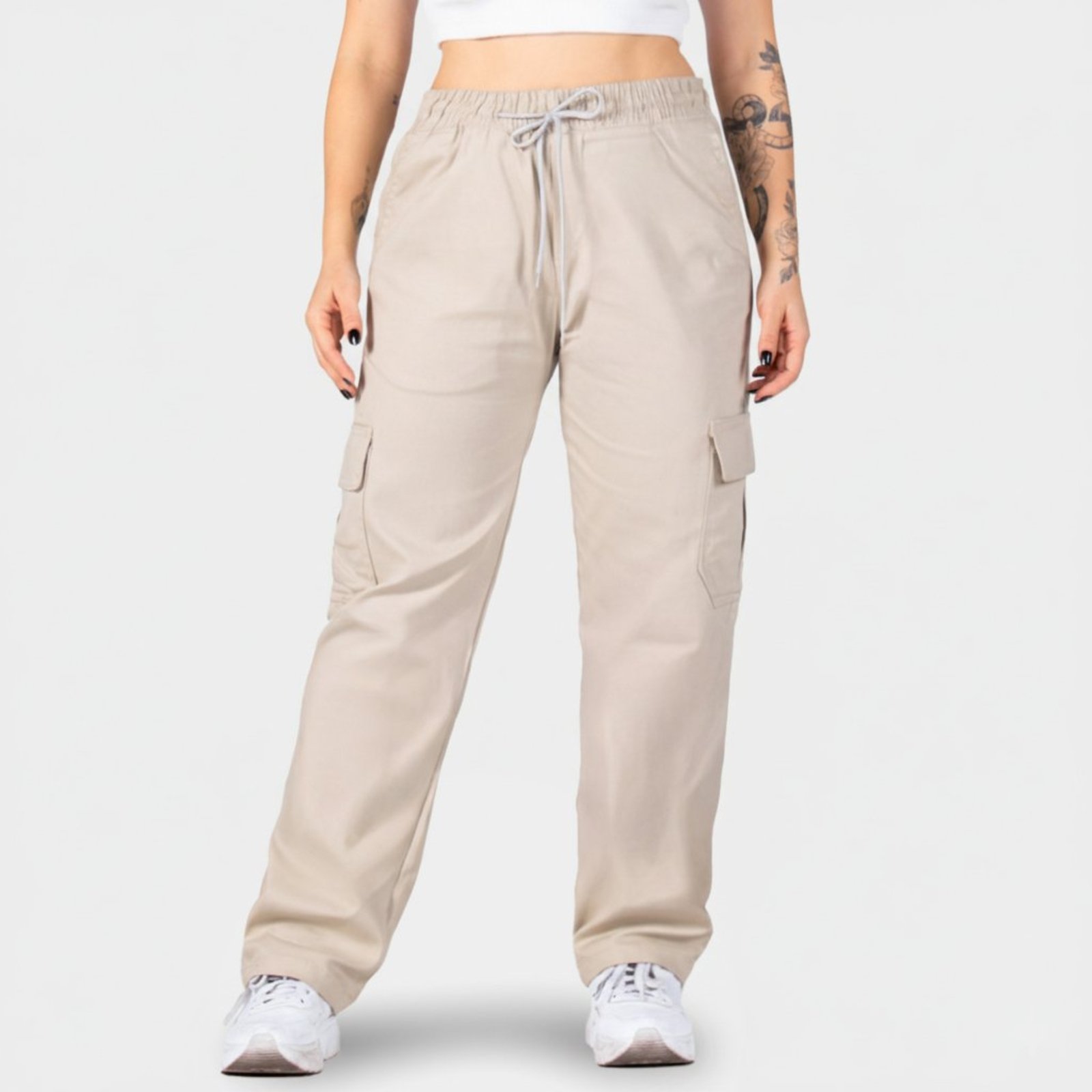 Calça Jogger Cargo Feminina Sem Punho Bege Claro