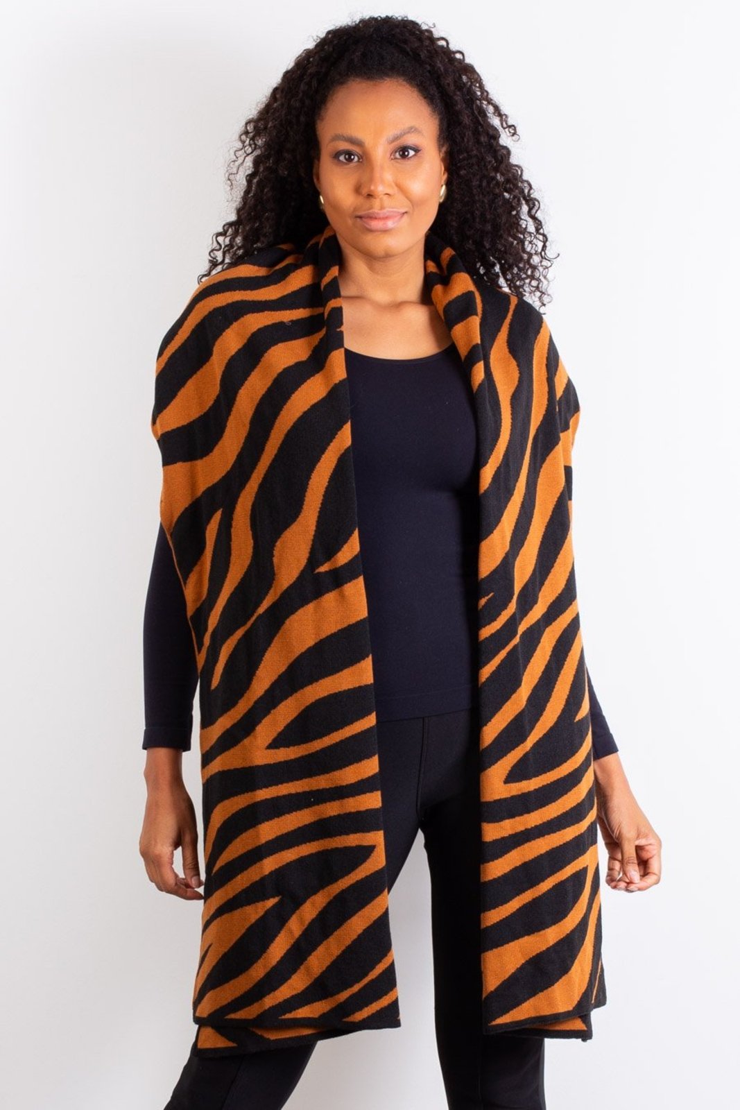 Cachecol echarpe feminino de malha tricô 60042 Animal Print - Preto/Caramelo