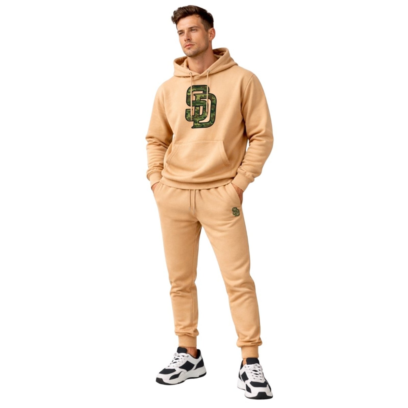 Conjunto de Moletom Blusa + Calça Masculino Bege Estampado, Estilo Casual Confortável Ideal Para Dia a Dia Esportes Frio
