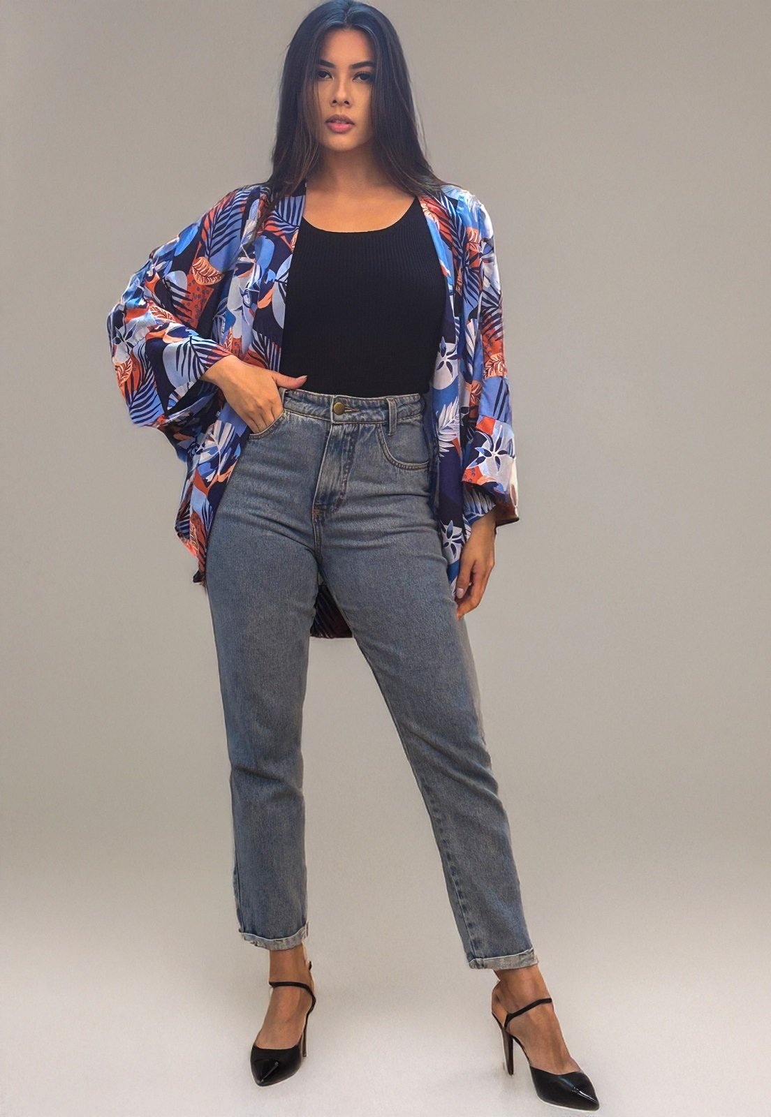 Kimono Amazonia Vital Viscose Manga Ampla Estampa Jardim Celeste