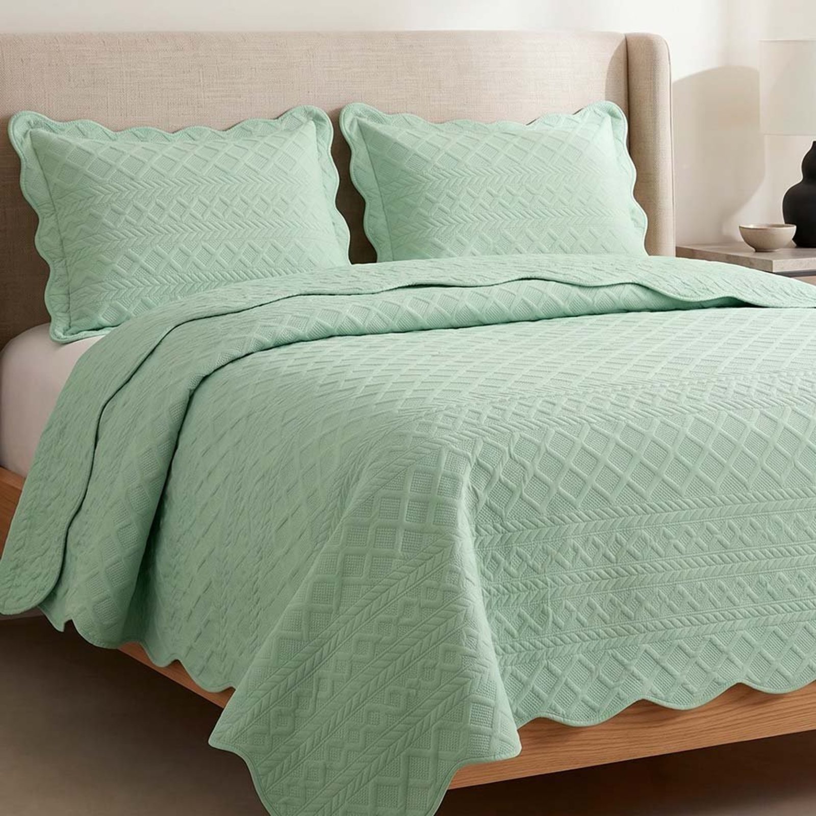 Kit Cobre Leito Mosaico Casal Percal 300 Fios Colcha Matelassê Alto Relevo 3 Peças Verde