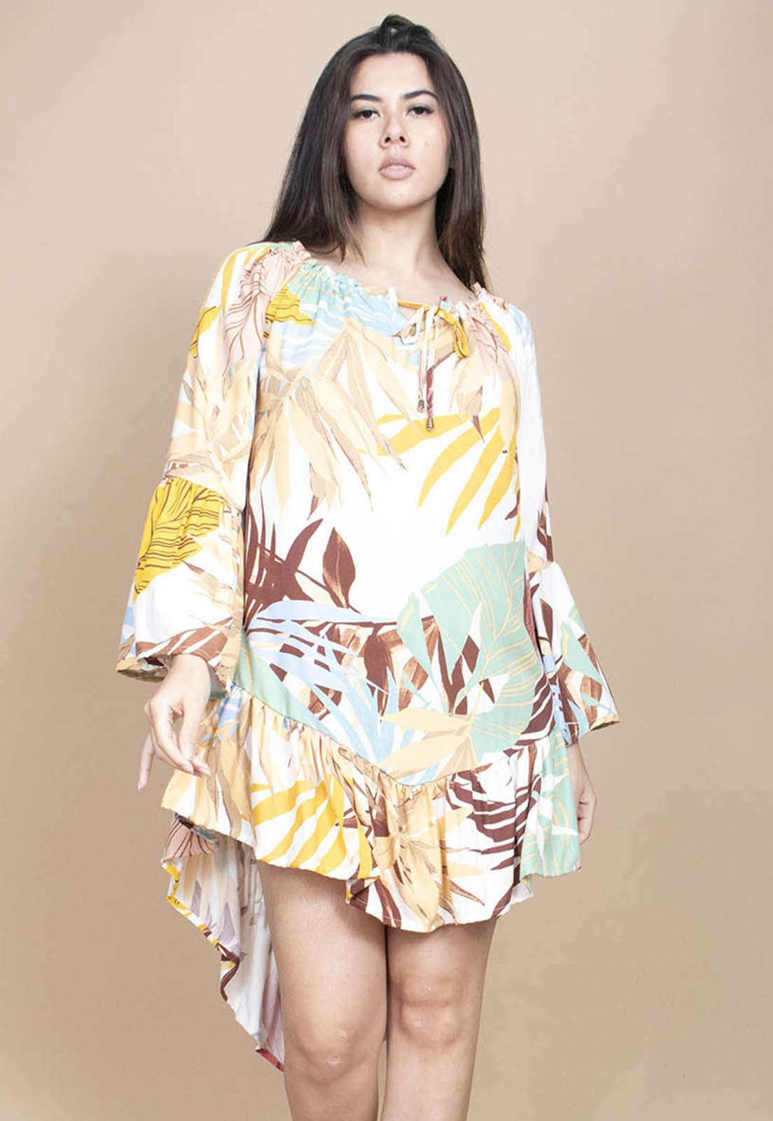 Vestido Curto Cabanafree Viscose Com Babados Estampa Aurora Suave