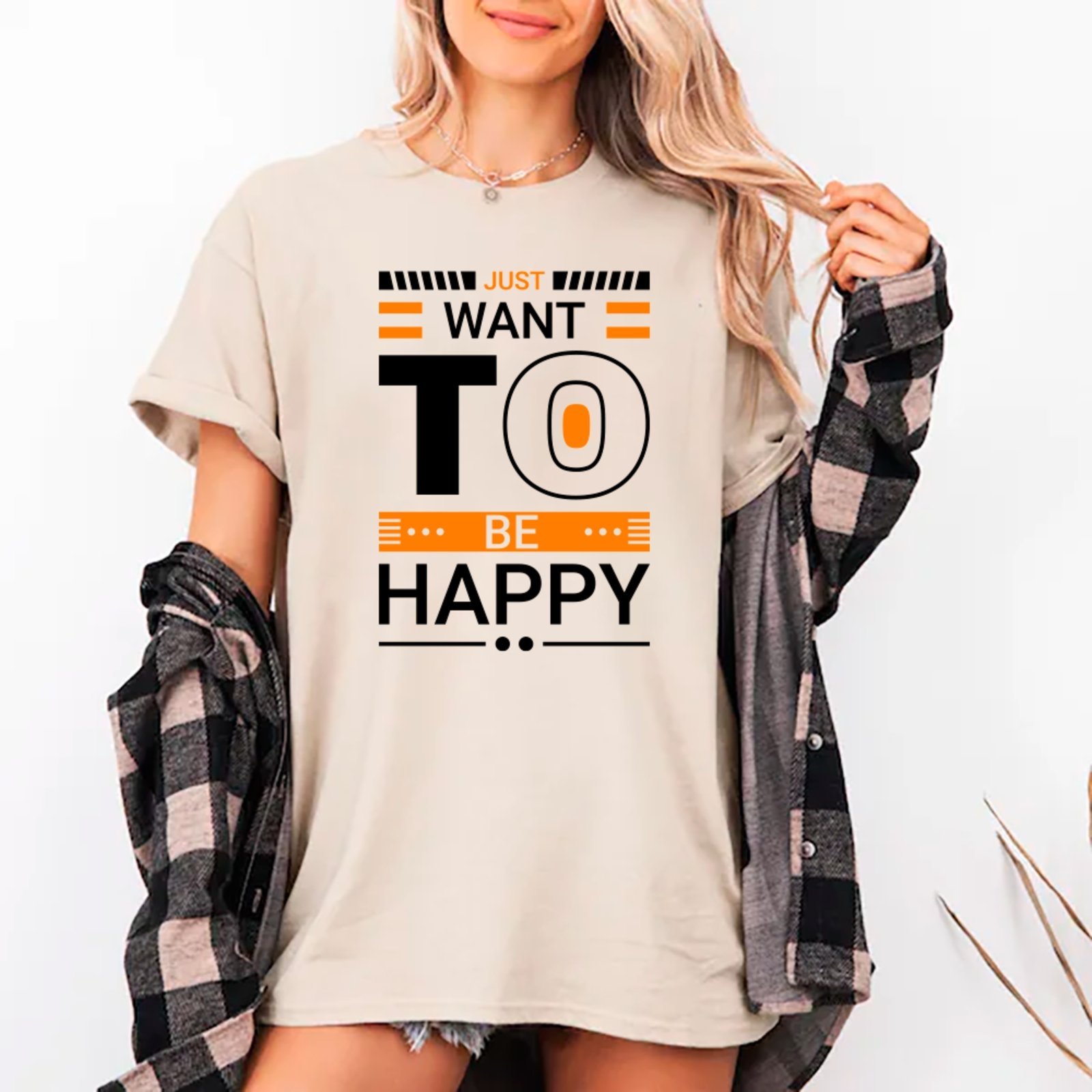 Camiseta Ousy Just Want to Be Happy Oversized Unissex Off White