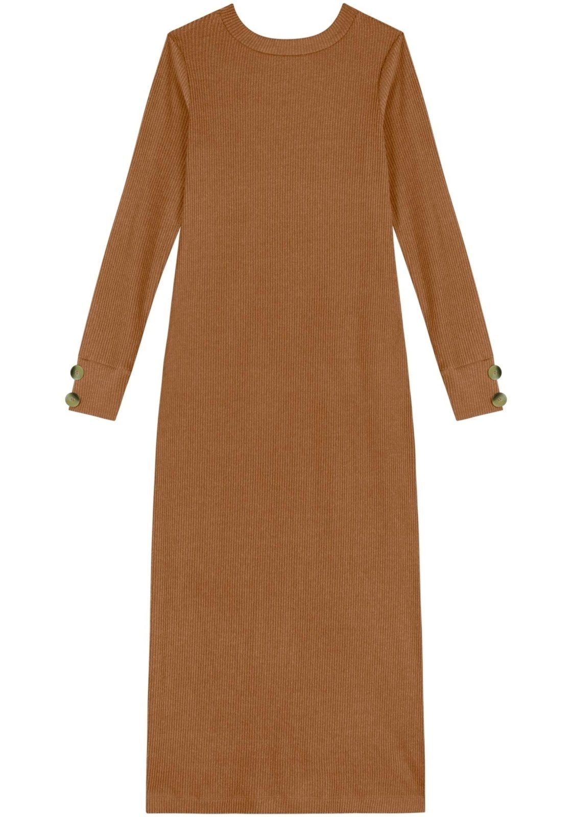 Vestido Lez a Lez Midi Chá De Mangas Longas Em Malha Canelada