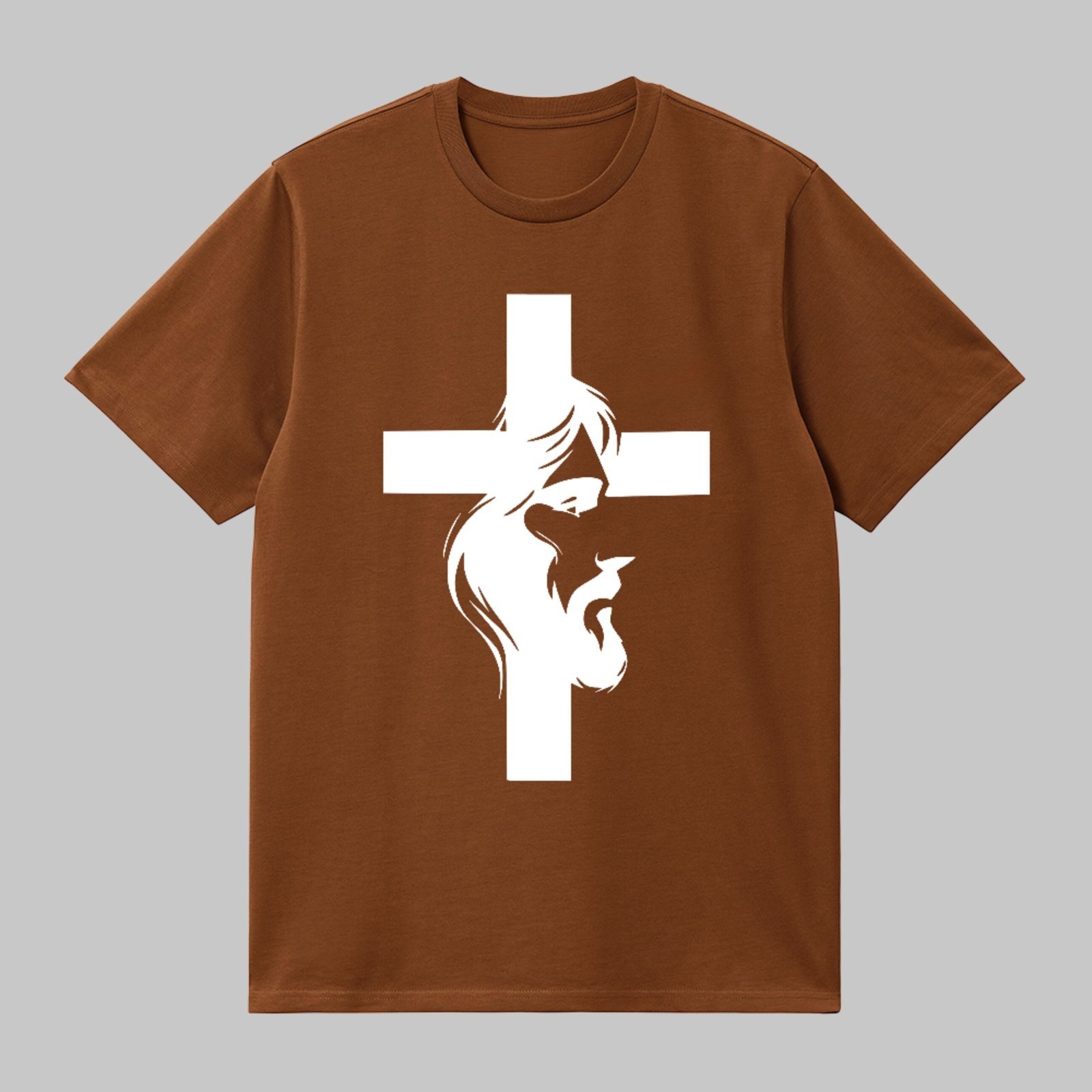 Camiseta Básica Cruz Jesus Silhueta Fé Cristã Minimalista Marrom